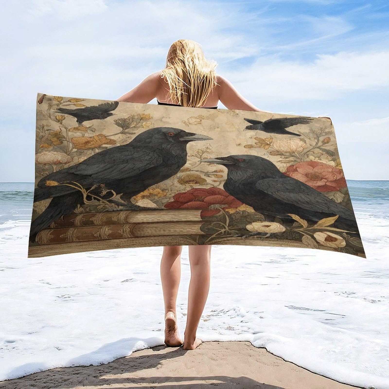 Luyysky Fantasy Realistic Animal Raven Quick-Drying Beach Towel, Romantic Classic Gothic Wildlife Crow Plant Daisies Floral Books Travel Vacation Single Sided Pile Bathroom Towels-80 W Cm X 160" L Cm