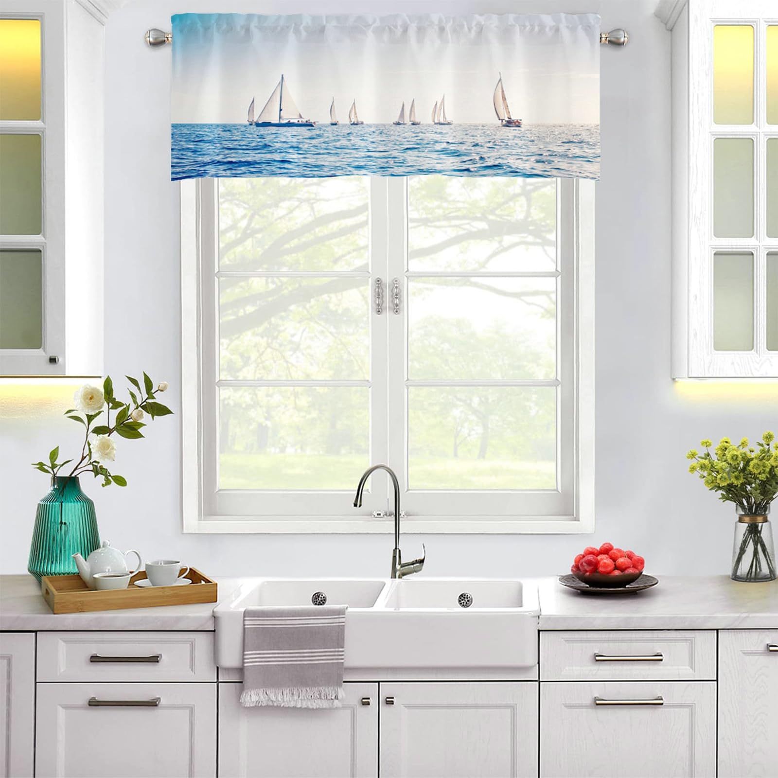 Cortinas de cocina opacas KnSam con diseño de velero océano y bolsillo de barra