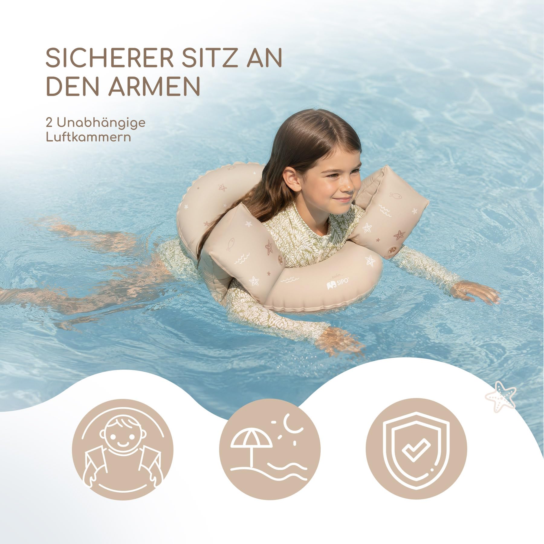 SIPO Bouée rose pour enfants de 3 à 6 ans - Aide à la natation gonflable pour apprendre à nager - 15-30 kg - Pour les vacances à la piscine, les vacances et le plaisir aquatique (beige)