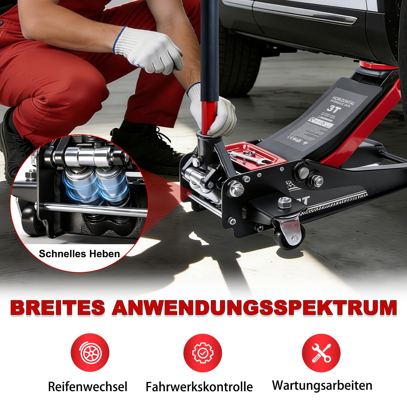 Wagenheber Hydraulisch 3T, Rangierwagenheber Mit 4 Rollen, Hubhöhe 75-460mm, 2 Gummiauflagen & 95 cm Hebel, Unterflur Hydraulikheber für PKW & Tiefergelegte Fahrzeuge