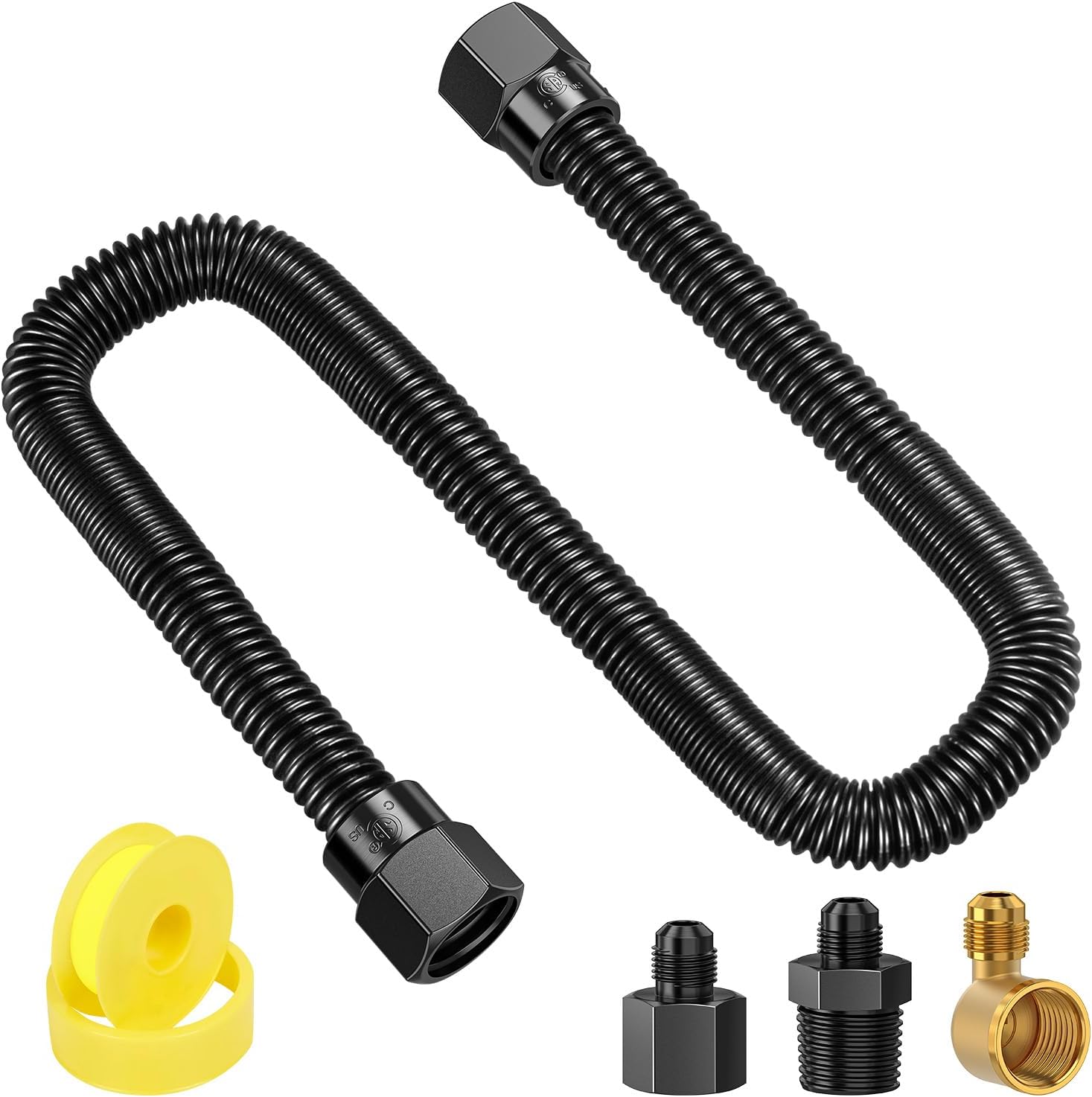 3/8" Flex Gas Line, 48” Non-Whistle Gas Connector Kit for NG/LP Fire Pit/Fireplace/Gas Log/Heater, Black Whistle Free Gas Line