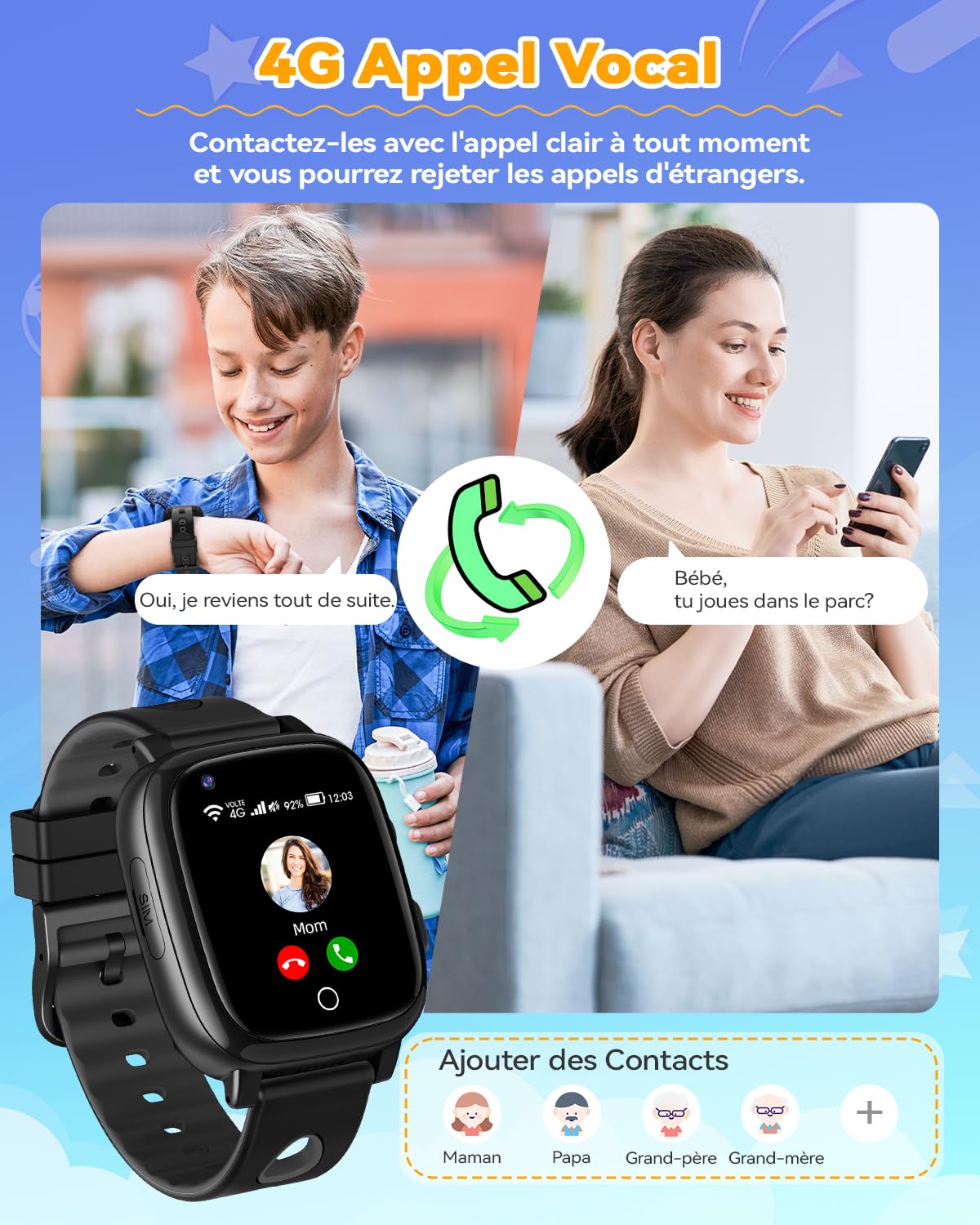 Montre Connectée Enfant, 4G Appel Montre Intelligente GPS Tracker avec Bouton SOS, WiFi, Caméra,Notification,Lecteur de Musique, Podomètre, Mode Classe, Cadeaux pour Garçons et Filles, Noir