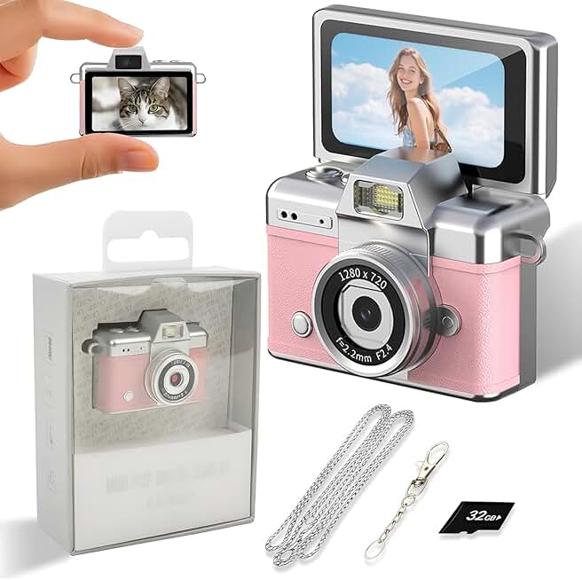 Mini Keychain Camera, 2K Retro Digital Camera with 1.47‘’ Flip Screen &amp; Built-in Flash for Selfies - Includes 32GB SD Card, Strap - Perfect for Travel, Concert, Vlogging