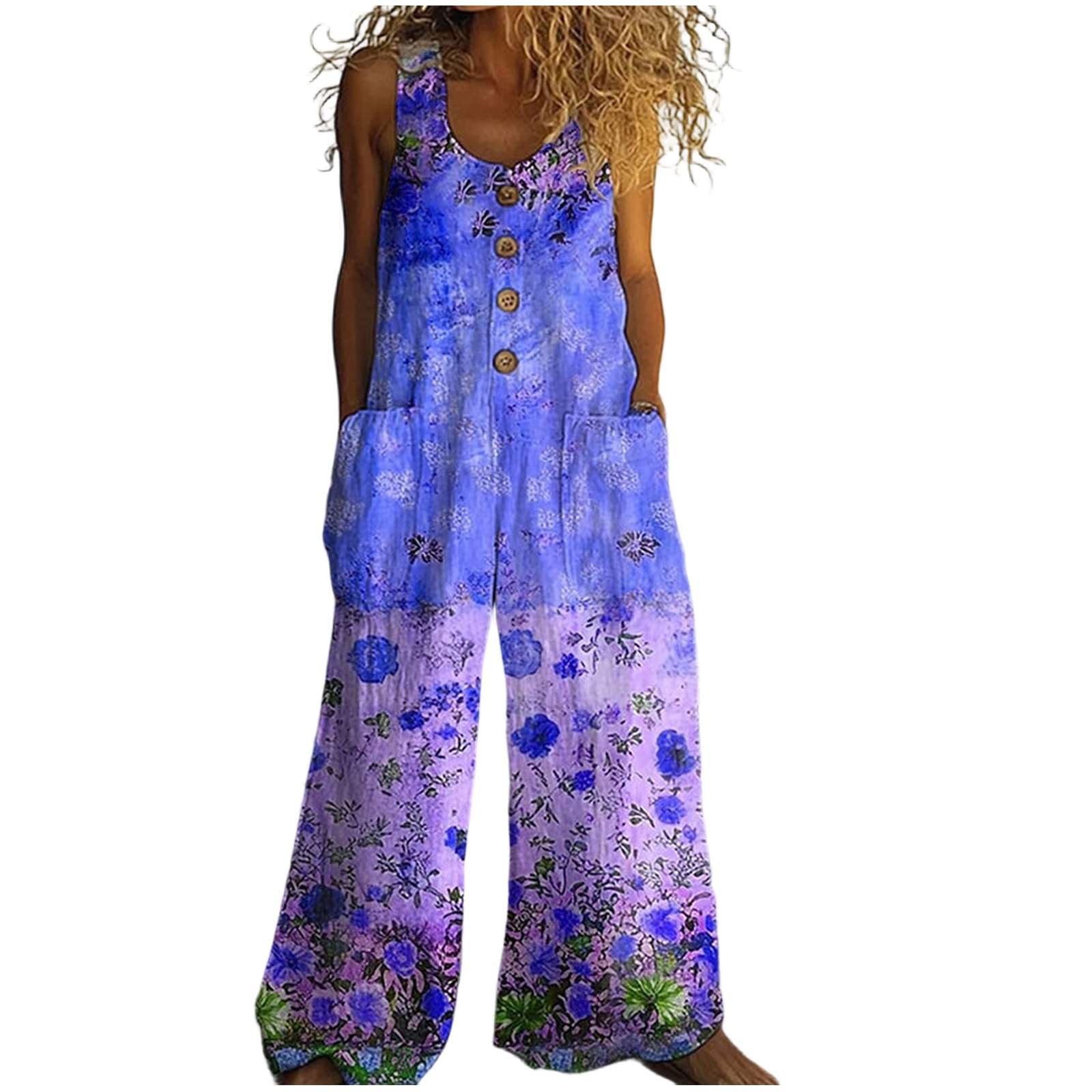 Generico Salopette Donna Estiva Lunga Boho Chic, Tuta Lino e Cotone Senza Maniche con Tasche e Bottoni, Jumpsuit Gamba Larga Stampa Astratta Multicolore, Tuta Intera Comoda per Mare e Vacanze
