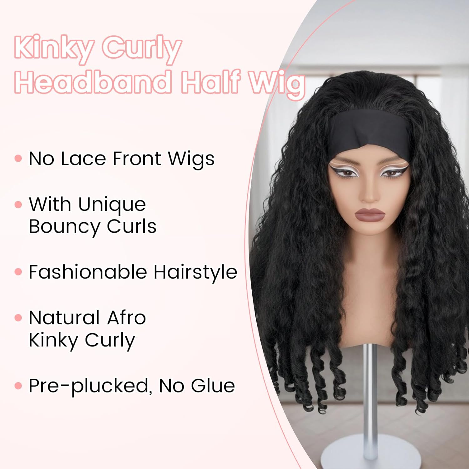Afro Curly Headband Wig for Black Women, Glueless Kinky Curly Half Wigs 4C Hair Synthetic Wig Braided Hair with Bouncy Curls 180% Density, 24inch, Black-2