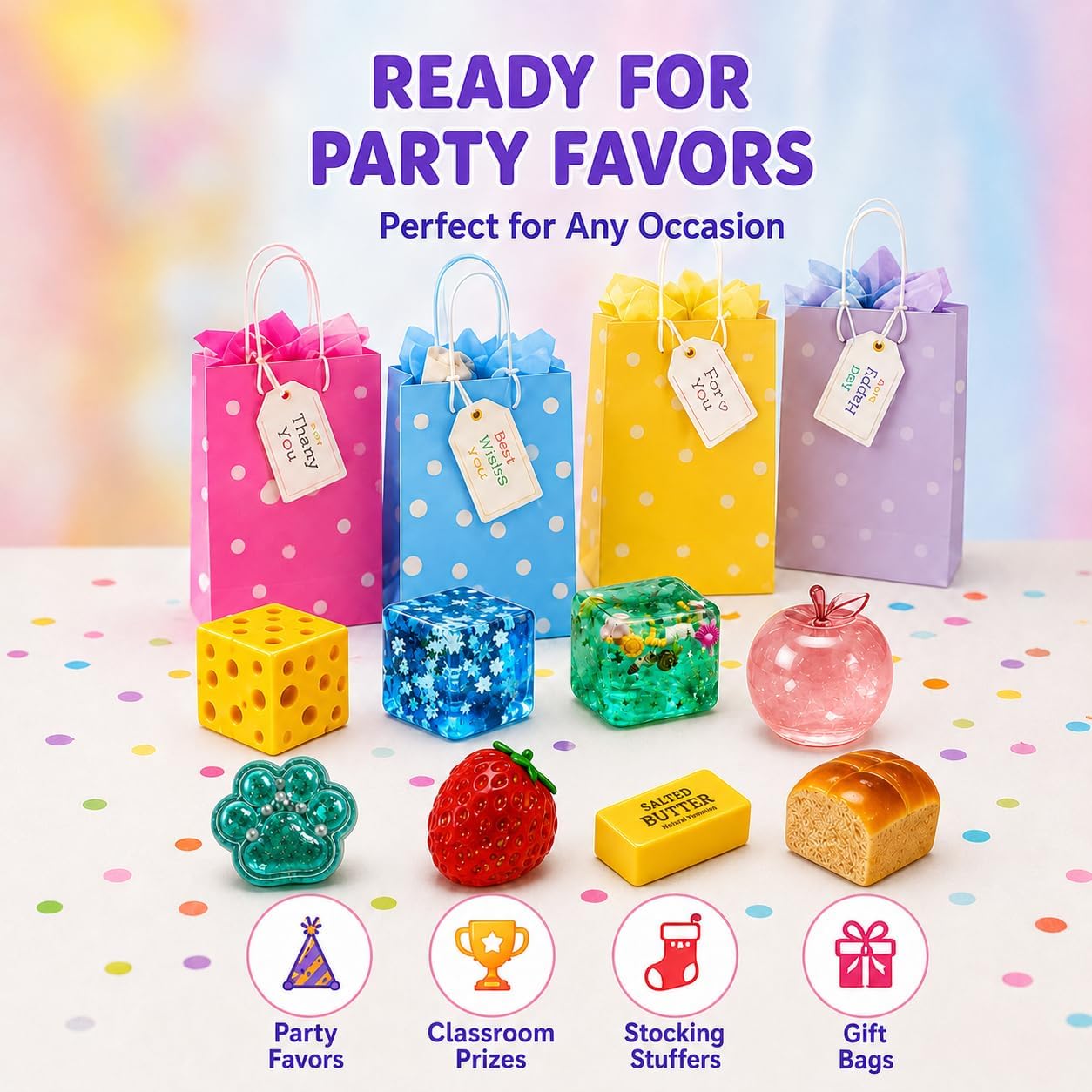 Squishy Fun Box 8 Pieces Squishy Pack Cheese Food Squishies Set Slow Rising Butter Strawberry Ice Cube Apple Bread Cat Paw Squishy Toys Squeeze Stress Balls for Adults