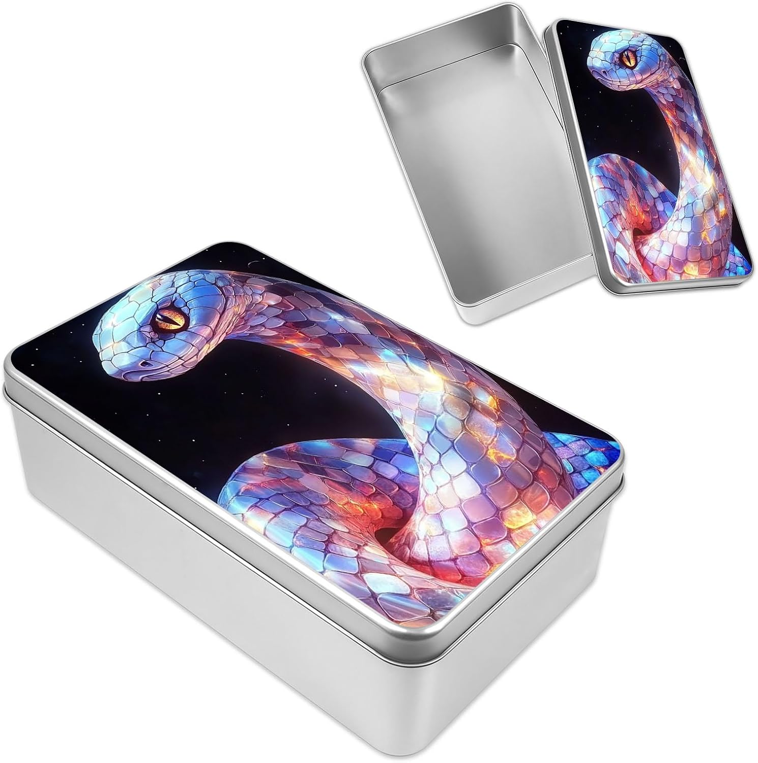 Decorative Metal Tin Box with Art Pattern Lid, Small Gift Container, Neon Psychedelic Snake Stylish Art Print Custom Pictures & Gift Ready Smooth Edges & Anti-Dent Metal Compact Size