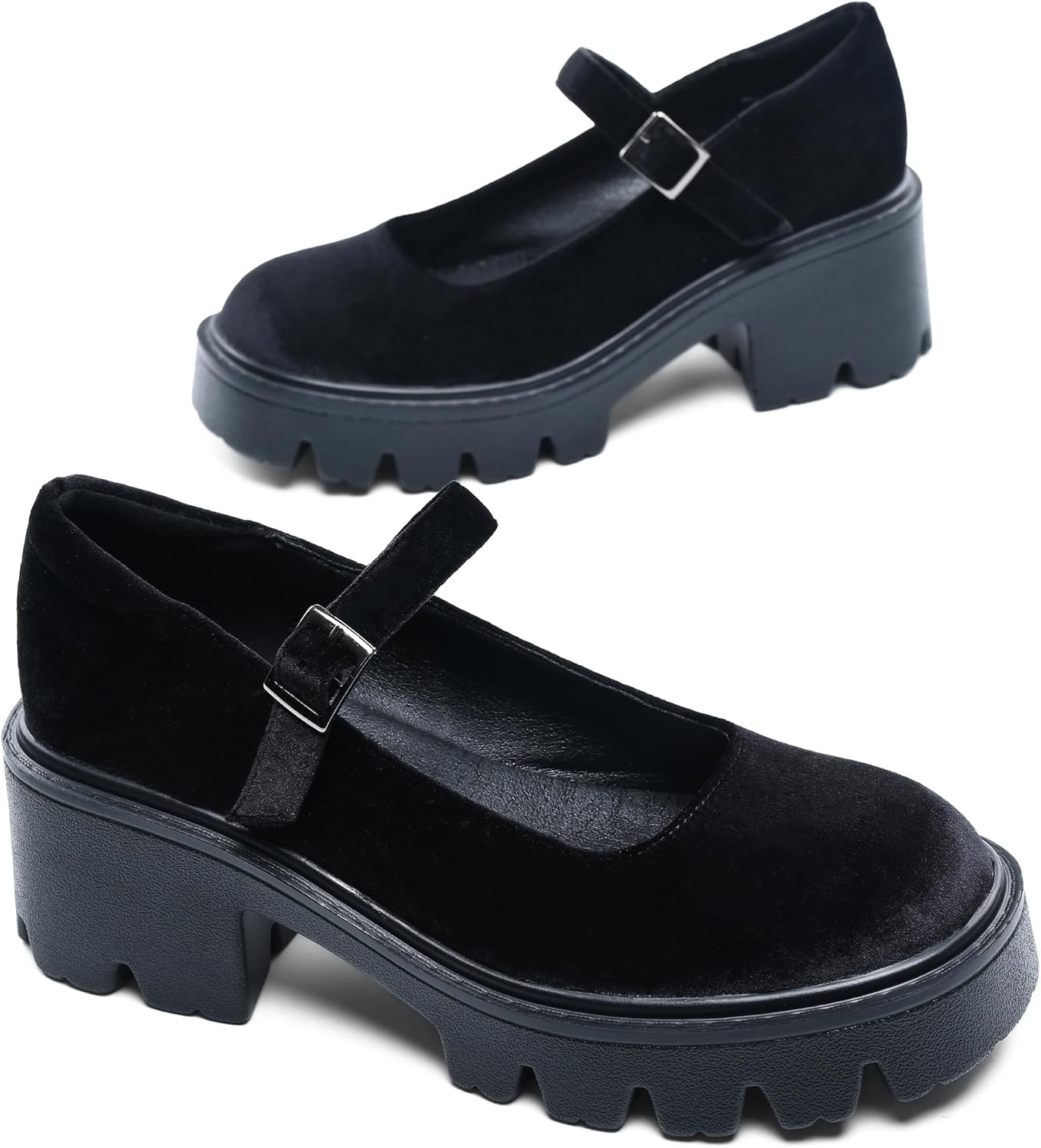 Women's Mary Jane Shoes - Platform Mary Janes for Women, Black Velvet Round Toe Chunky Dress Shoes with Adjustable Ankle Strap - Image 4