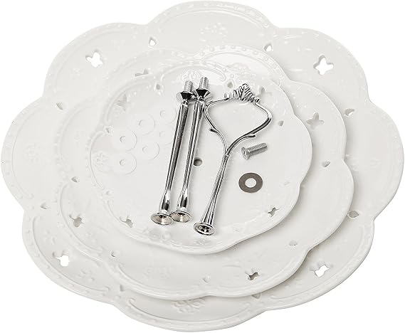 YBK Tech 3-Tier Porcelain Serving Stand, Cake Stand with Embossed Lace Pattern - (White, Silver rod)