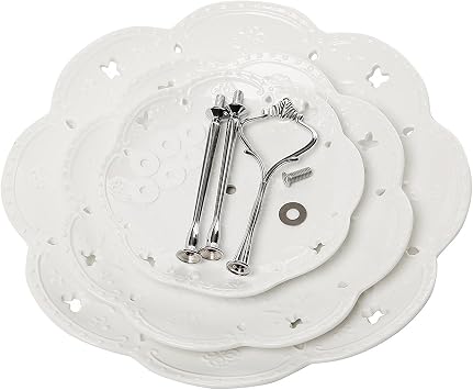 YBK Tech 3-Tier Porcelain Serving Stand, Cake Stand with Embossed Lace Pattern - (White, Silver rod)