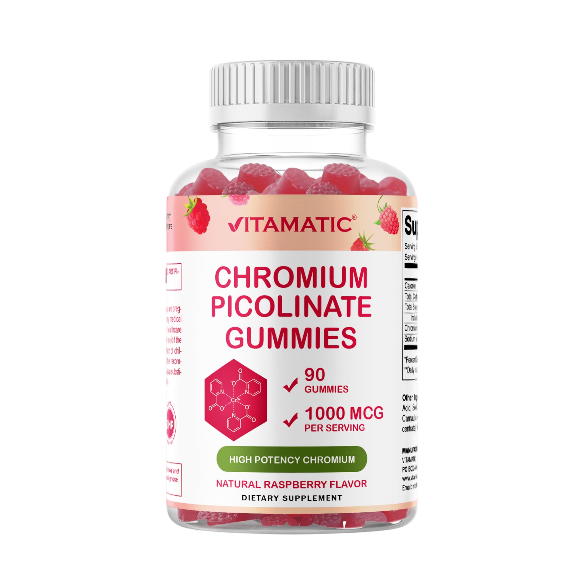 Vitamatic Chromium Picolinate 1000 mcg - 90 Gummies - High Potency Chromium - Raspberry Flavor
