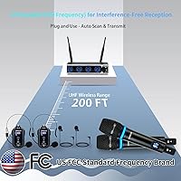 Vista 8 de Sistema de micrófono inalámbrico recargable de 4 canales Pro, auriculares de mano de metal UHF Lavalier Micrófonos de solapa inalámbricos