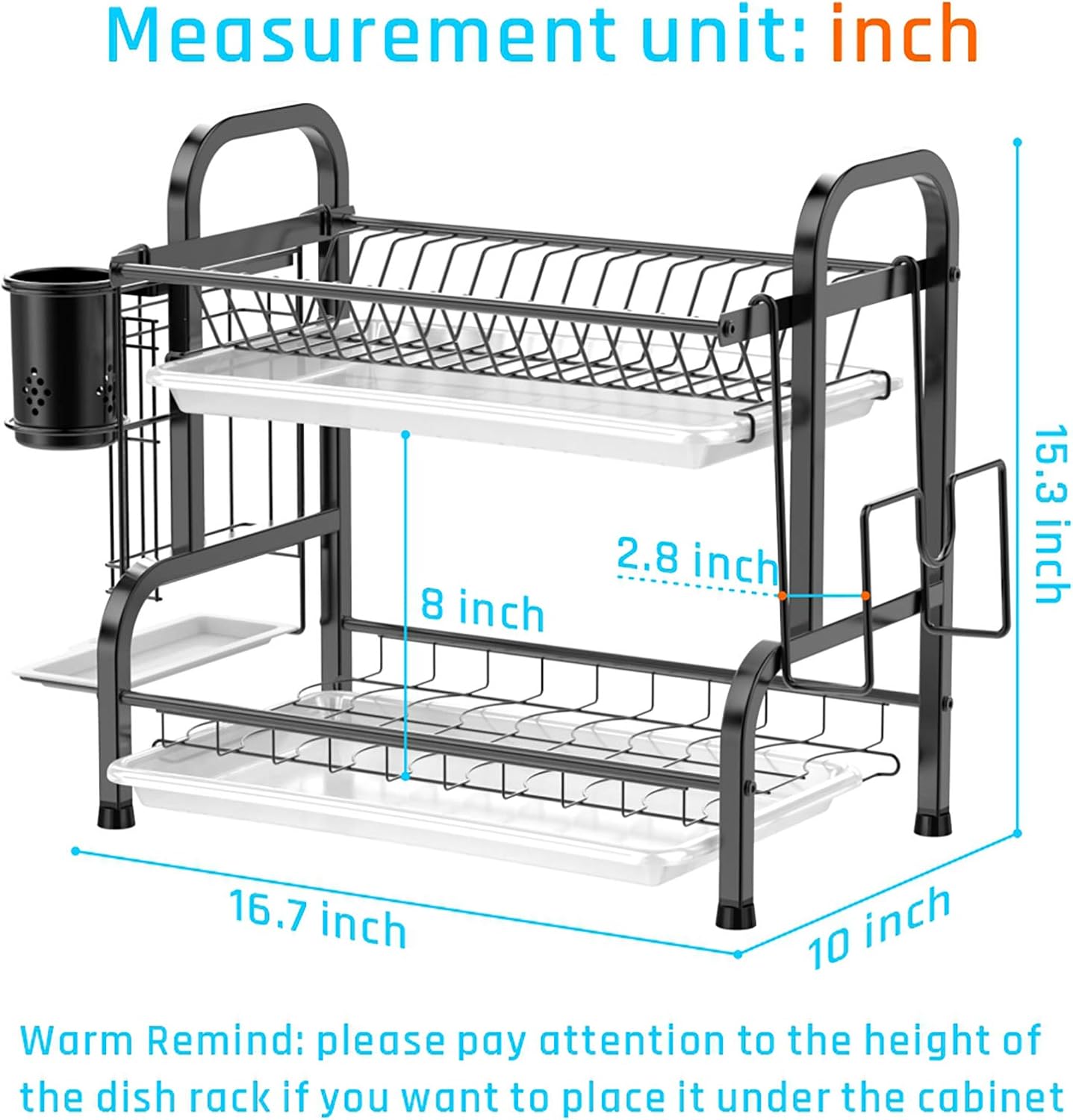 F-color Dish Drying Rack, 2 Tier Dish Rack for Kitchen Counter, 304 Stainless Steel Dish Drainer with Drain Board, Utensil Holder, Cutting Board Holder, Black