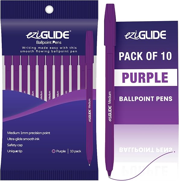 Eziglide 10-Pack Ballpoint Purple Pen Set - Medium Point 1.0mm for Effortless Writing & Comfortable Grip - Ball Point Pens Ideal for School, Exams, Home or Work Stationery Supplies - 1