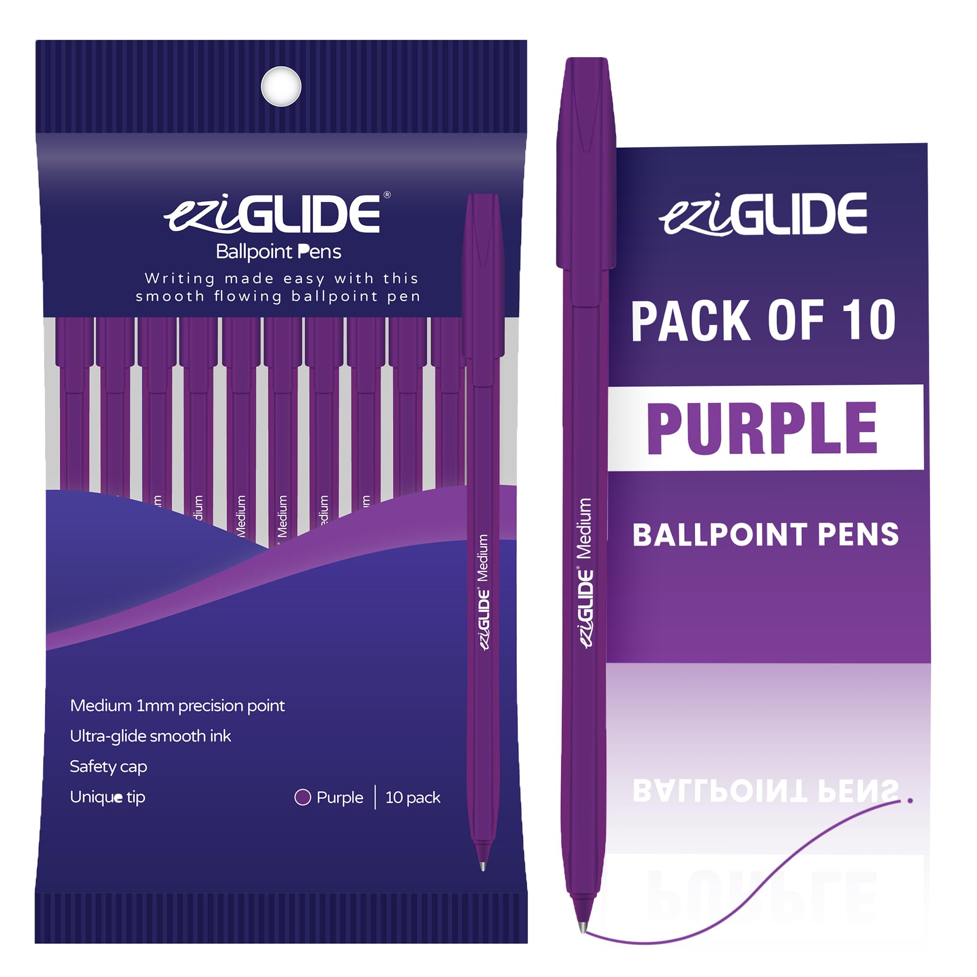 Eziglide 10-Pack Ballpoint Purple Pen Set - Medium Point 1.0mm for Effortless Writing & Comfortable Grip - Ball Point Pens Ideal for School, Exams, Home or Work Stationery Supplies