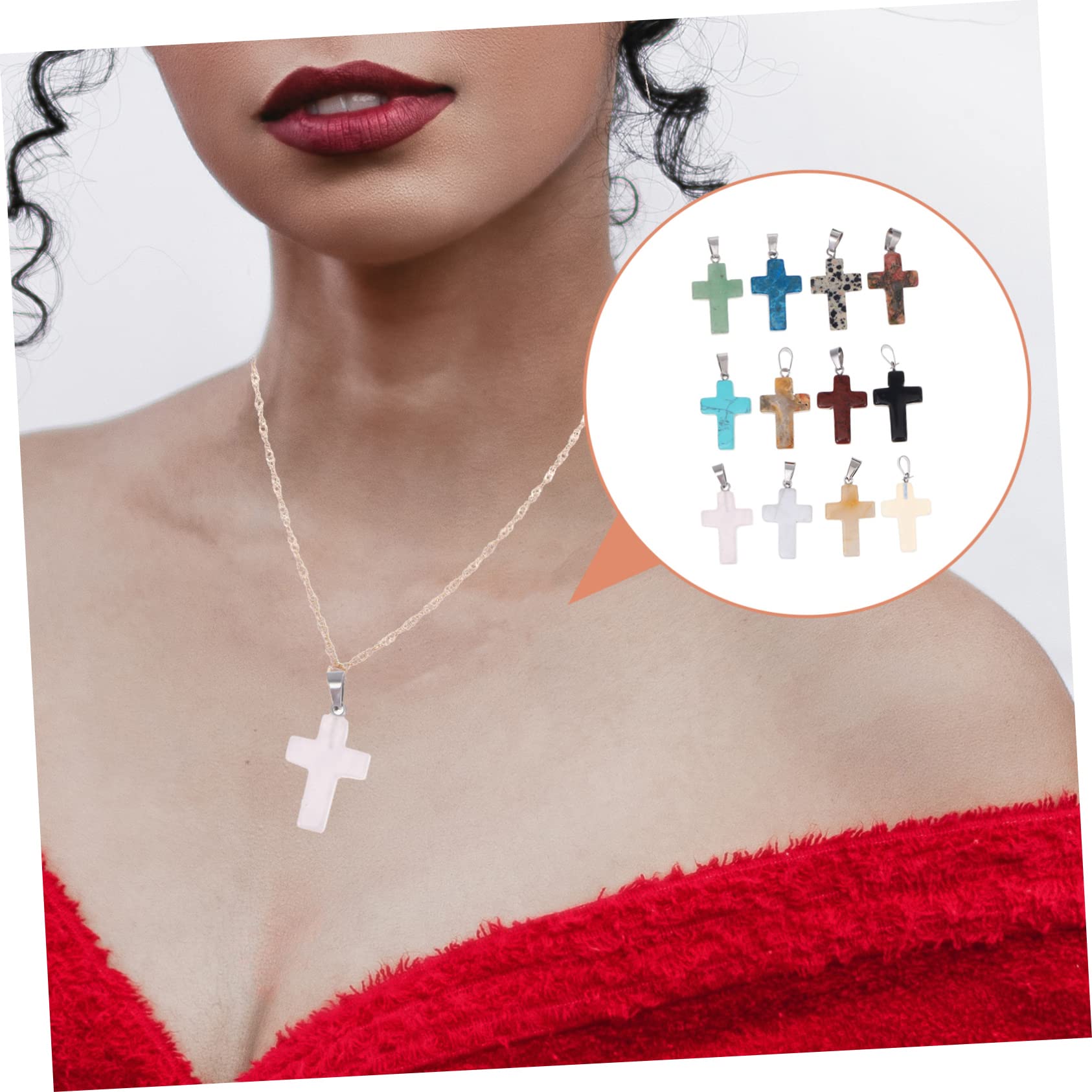 SHINEOFI 12 Piezas cruz de piedra natural colgante colgante de bricolaje cahrmas naturales llaveros originales cruces colgantes joyas colgante de joyería encanto colgante de bricolaje ágata