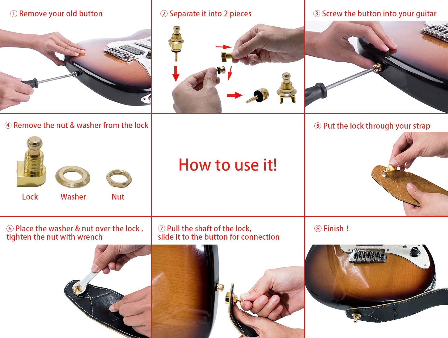 Rayzm Guitar Strap Locks Set, Security Strap Lock System for Acoustic
