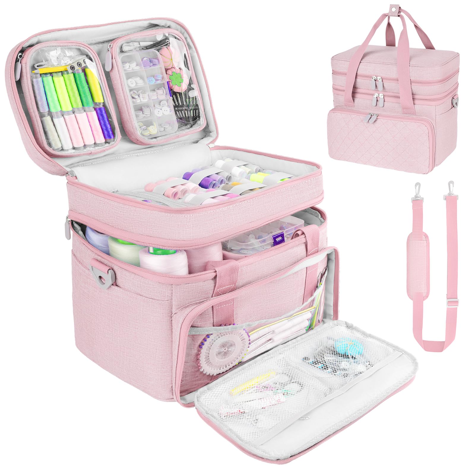 Estuche de almacenamiento para accesorios de costura con correa para el hombro, bolsa de almacenamiento de doble capa con 2 fundas extraíbles para accesorios y suministros de costura, rosa, 30x20 cm