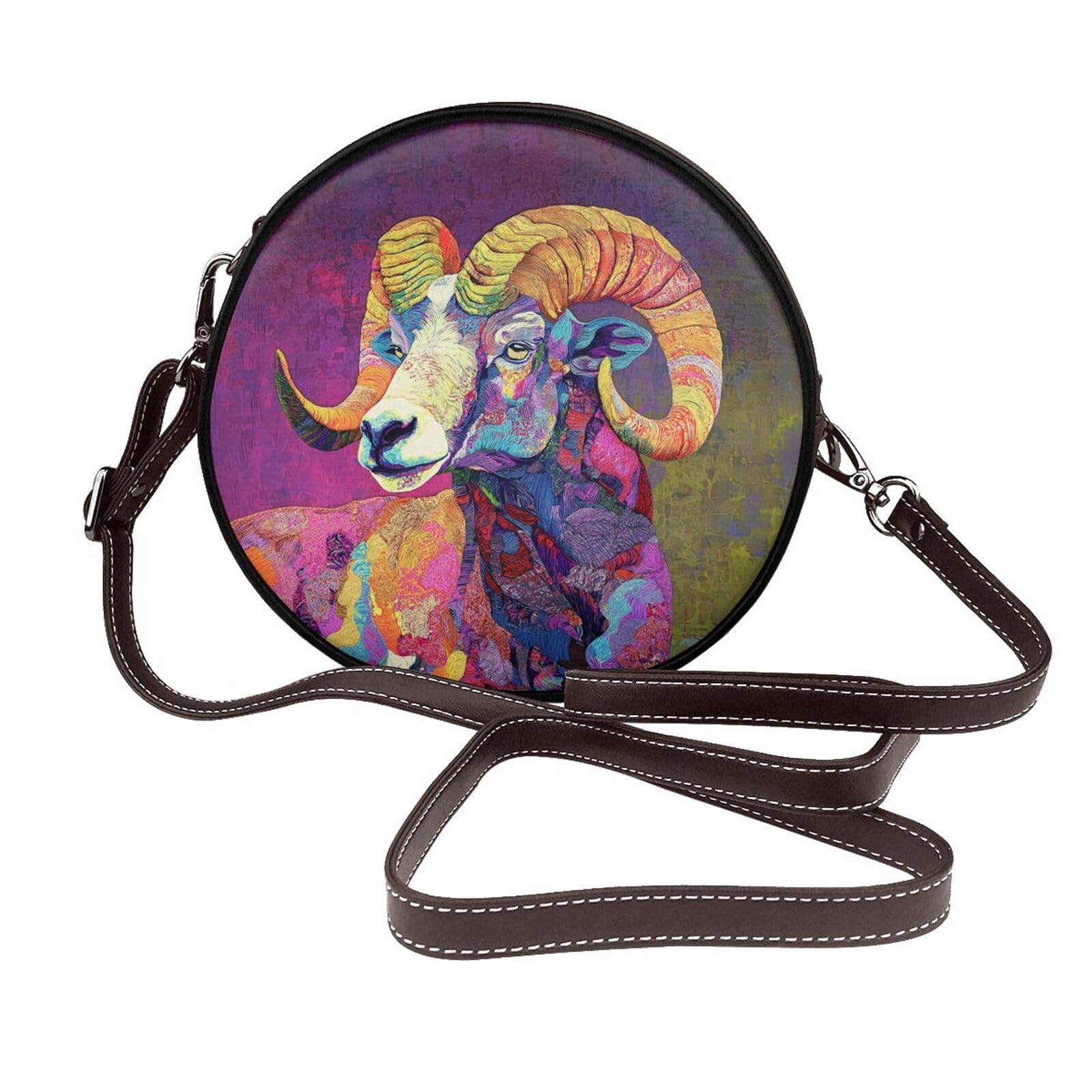 Circle Crossbody Bag for Women - table with silver fruits Print PU Leather Circle Purse for women