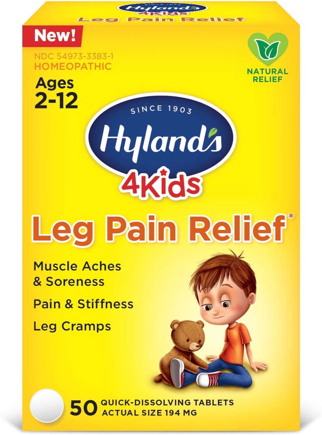 Hylandโs 4 Kids Leg Pain Relief, Natural Relief of Muscle Aches and Soreness, Stiffness, Leg Cramps, 50 Tablets