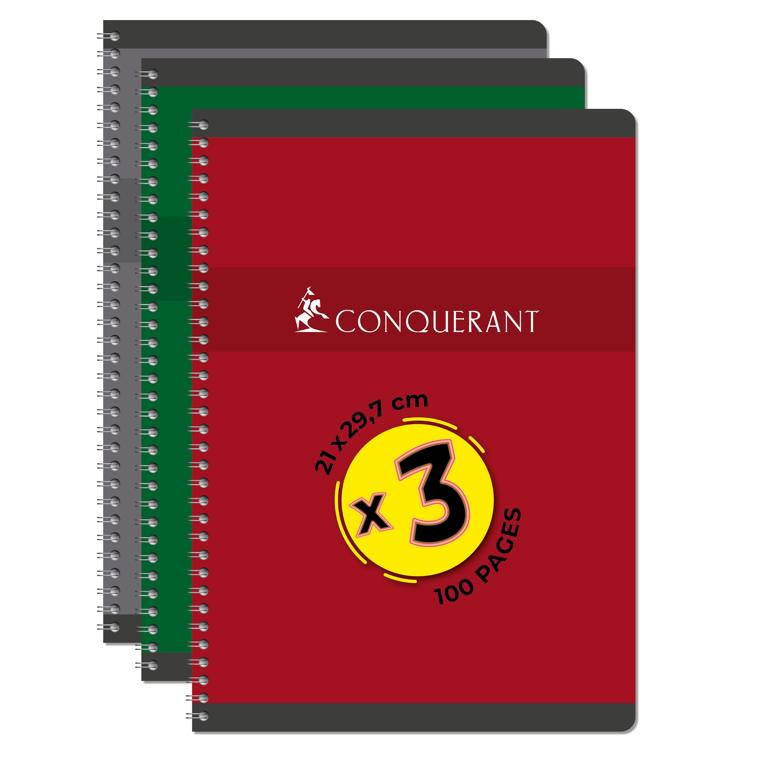 CONQUERANT Pack of 3 A4 Notebooks 100 Pages 70 g Q5 x 5 Full Binding Card Cover Assorted Colours, Red, Green and Grey - Image 3