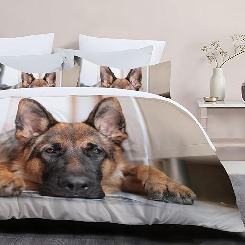 Miniatura 4 de Funda de edredón de pastor alemán marrón, tamaño California King, ropa de cama con estampado de animales, funda de edredón de microfibra suave y 2