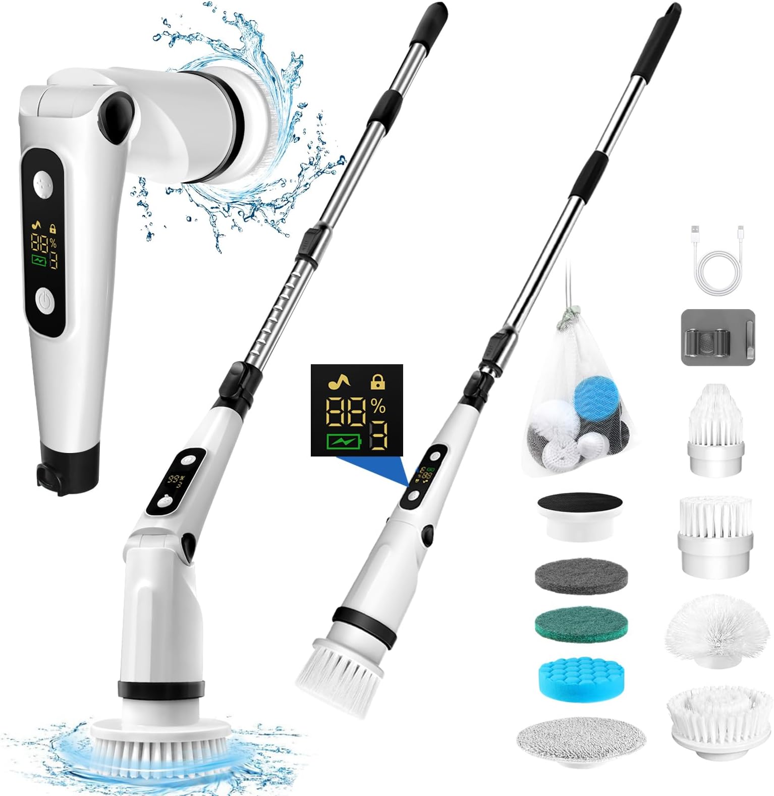 Brosse Nettoyage Electrique, [IPX8 Imperméable] Homtronics Brosse Rotative Nettoyage,Conception Pliant, avec Tige TéLescopique et 8 TêTes de Accessoires pour Salle De Bain,Voiture,Fenêtre,Douche