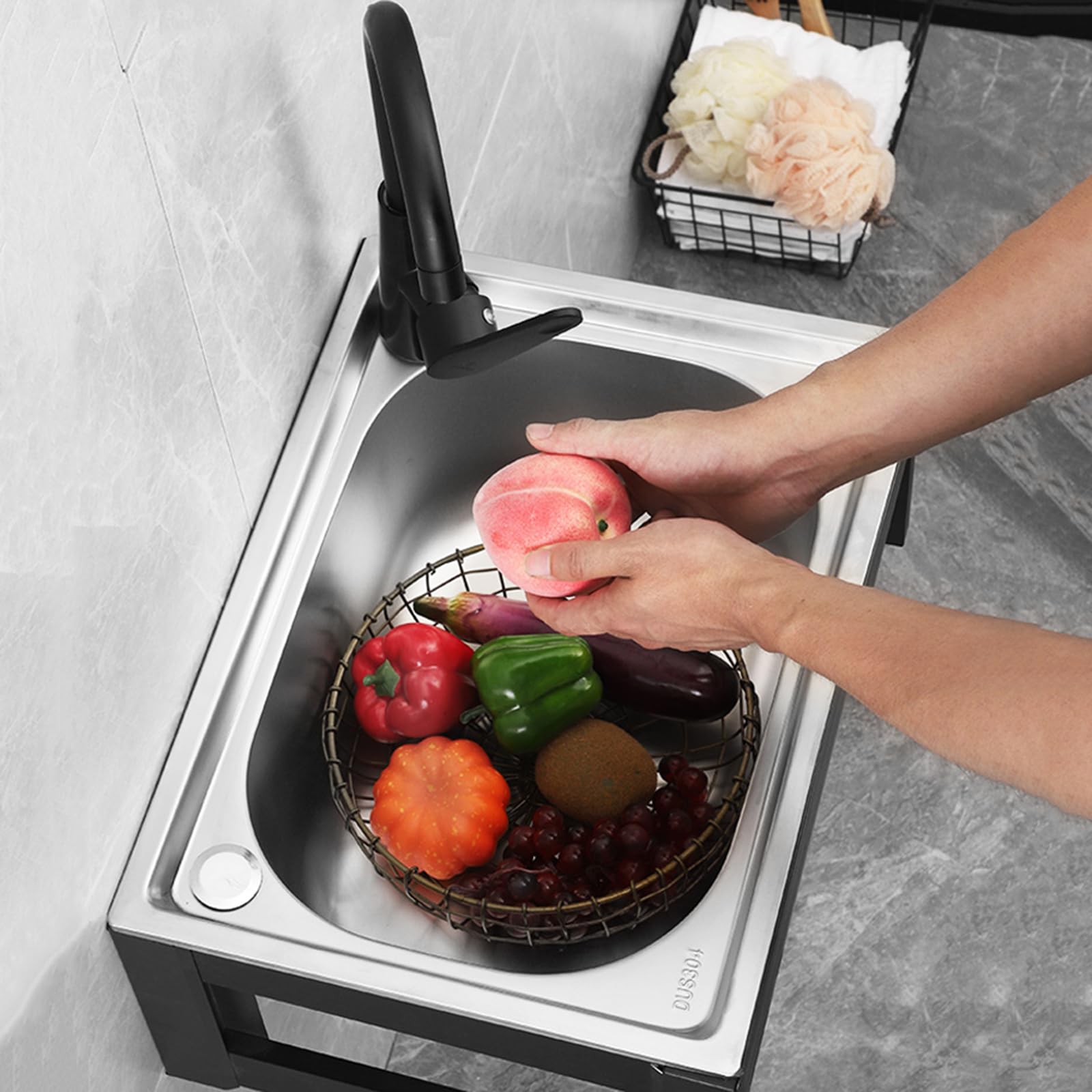 inless stalowy zlew Utili z kranem i aluminiowym i ściennym zlewem higienicznym do reurantów, hoteli, kuchni, do użytku na zewnątrz i wewnątrz, 50 x 40 cm