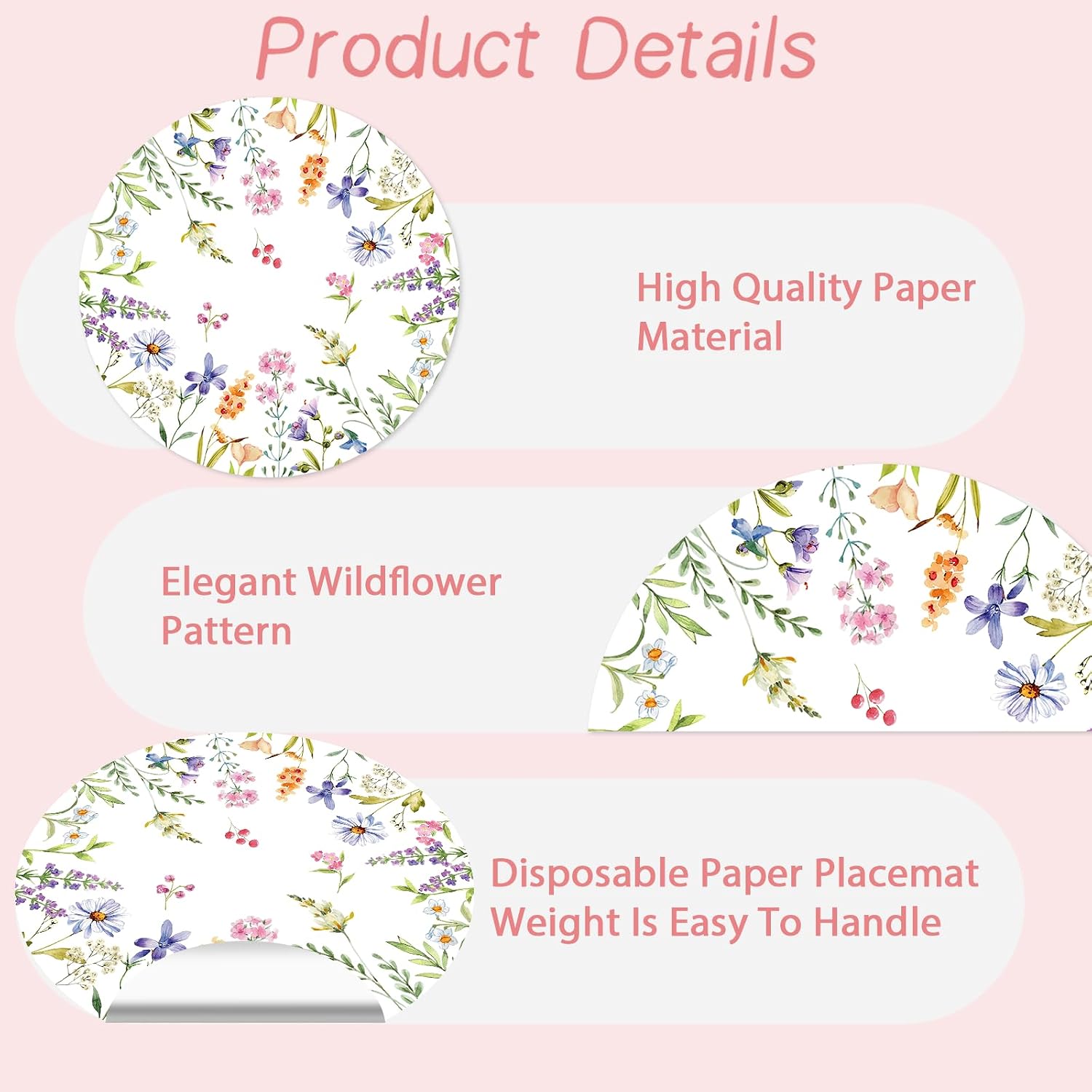 Paper Placemats Disposable 50 Pack Spring Flowers Place Mats 13.4 Inch Round Decorative Wildflower Table Mats for Spring Birthday Bridal Wedding Party Supplies