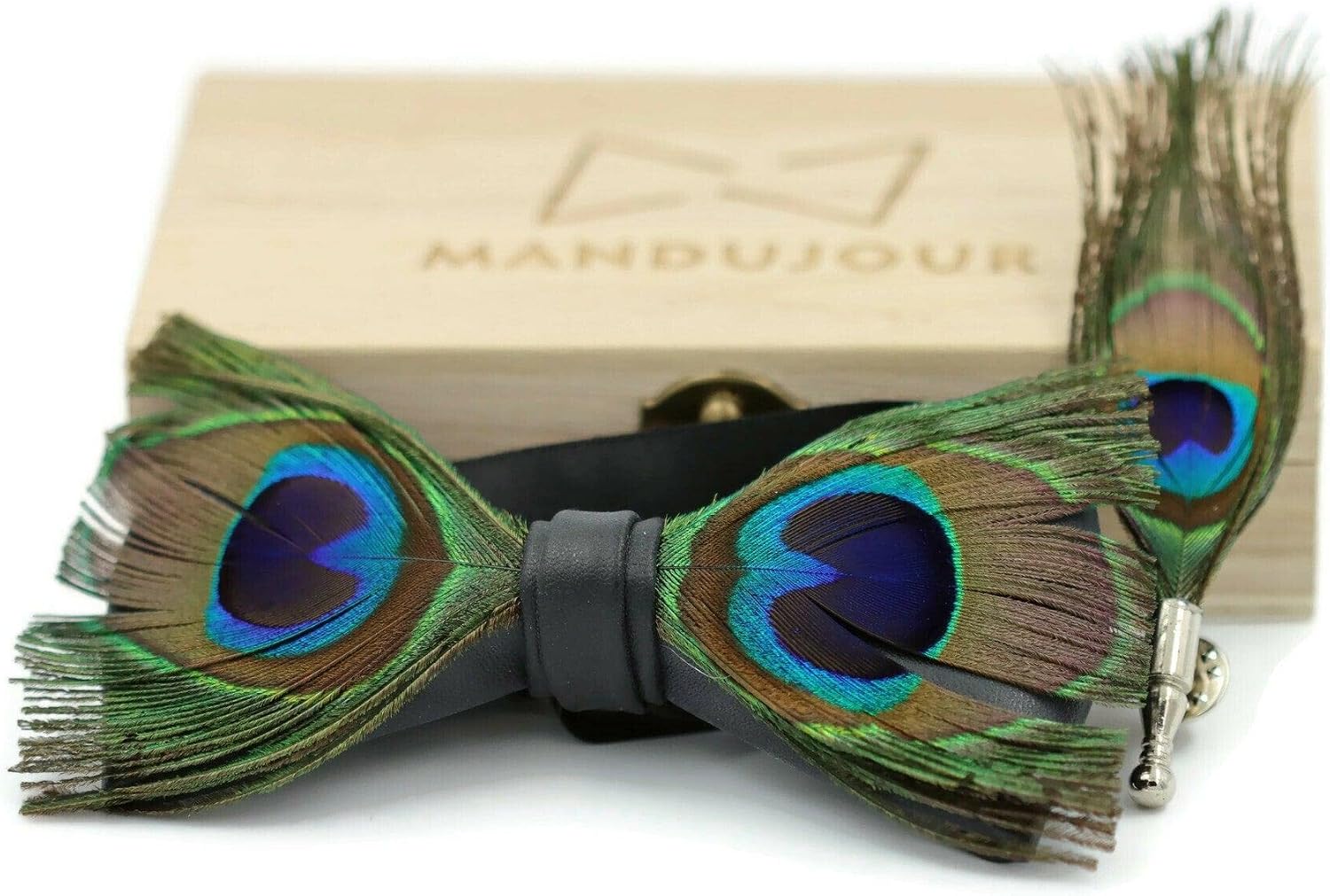 Mandujour Elegant Peafowl Feather Bow Tie & Lapel Pin Set - Handmade Designer Accessory for Formal Events
