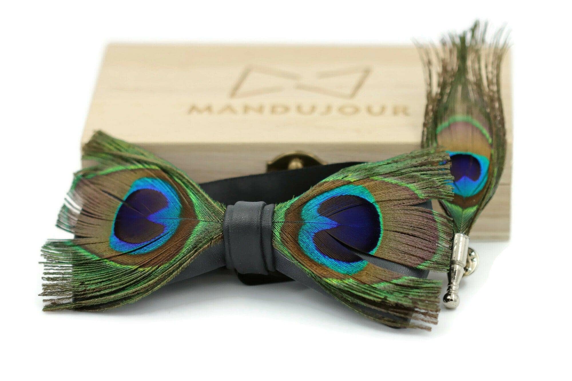 Elegant Peafowl Feather Bow Tie & Lapel Pin Set - Handmade Designer Accessory for Formal Events
