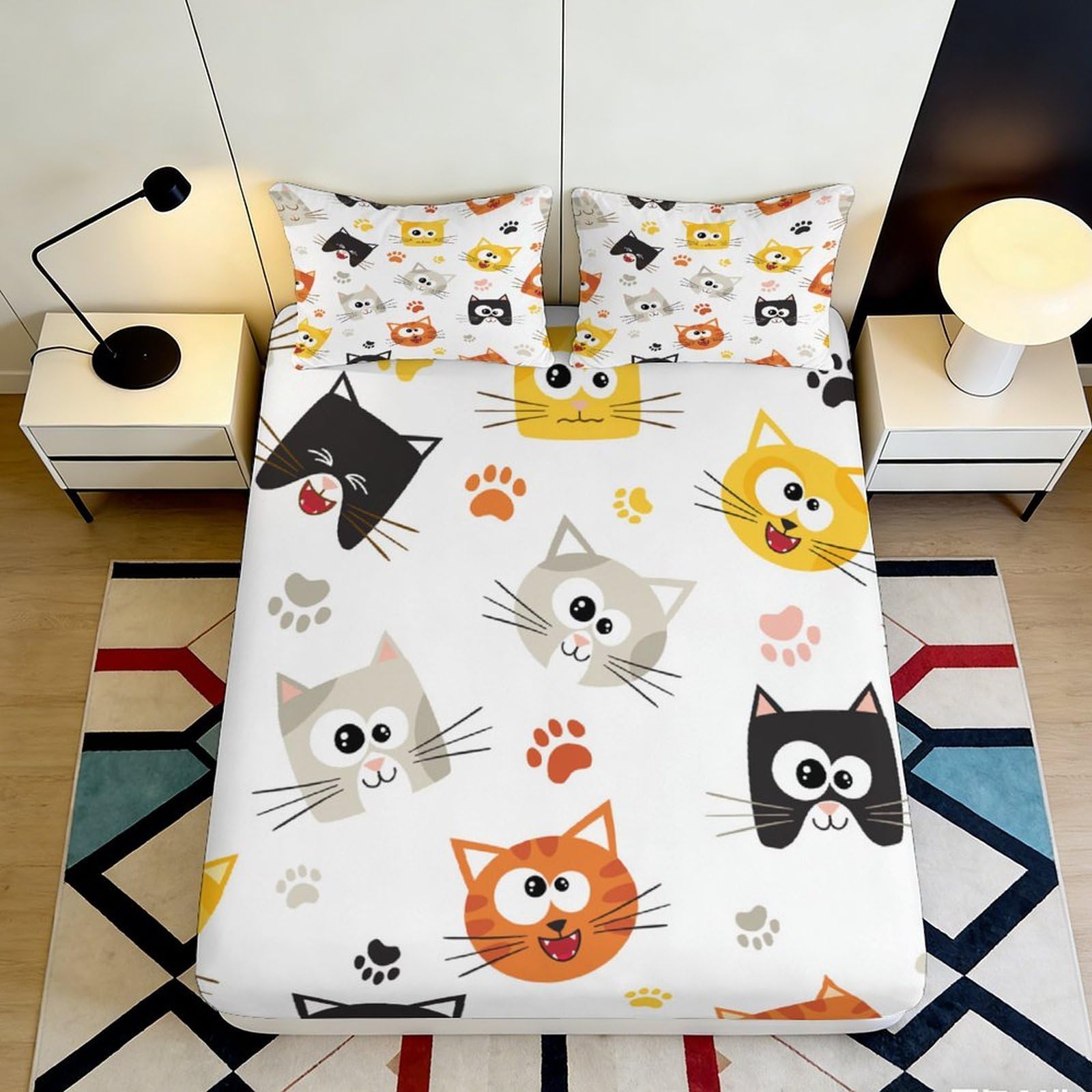 3D Printed Cartoon Cat Fitted Sheet Microfiber Soft Breathable Animal Paw Bed Cover for Bedroom Dorm Mattress Decor 90x200x25cm