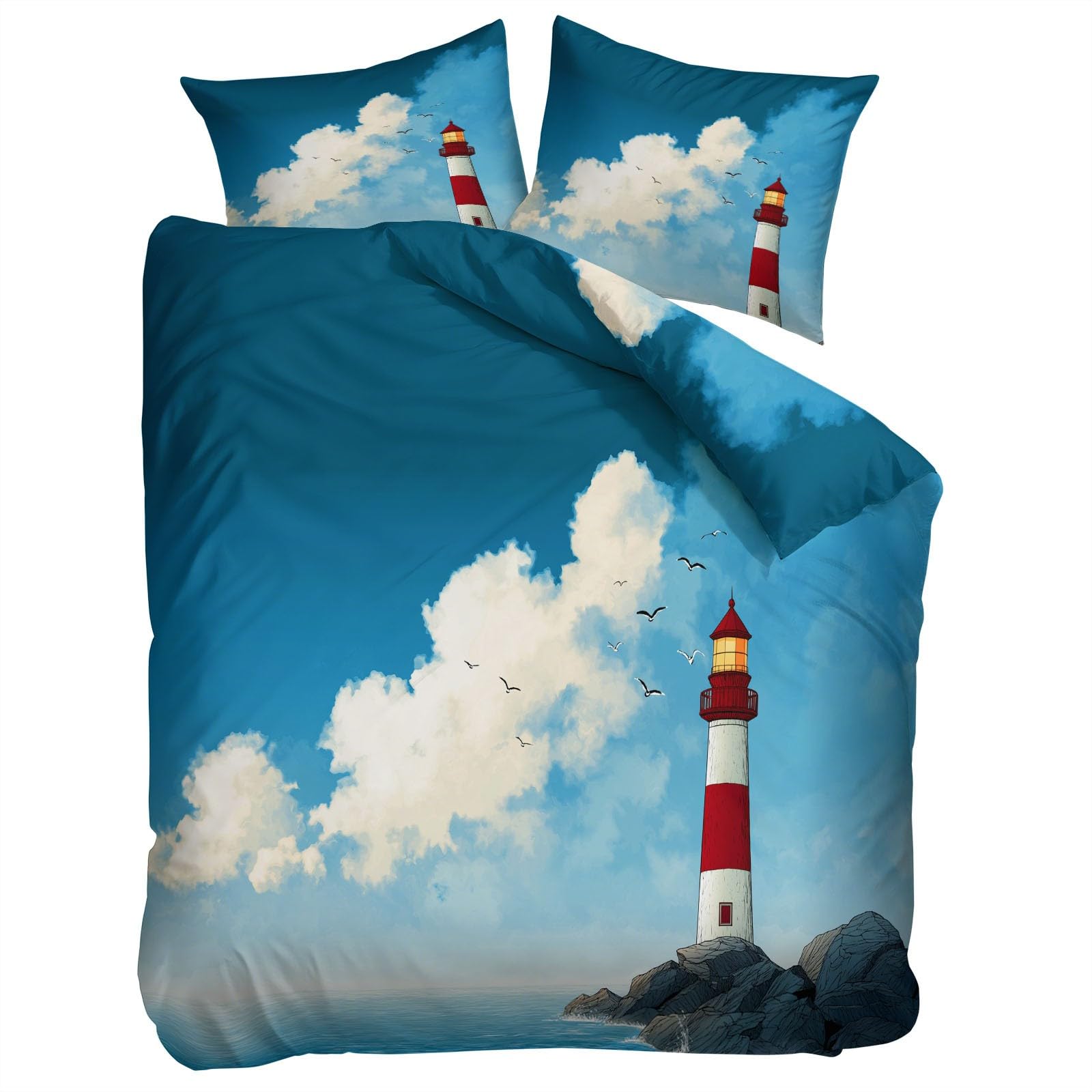 Azul Funda Nordica 240x260 cm Dibujos Animados Faro Mar Microfibra Cepillada con 2 Fundas de Almohada de 50x75 cm, Transpirable Suave Antialérgica Juego de Funda Edredón para Cama Doble