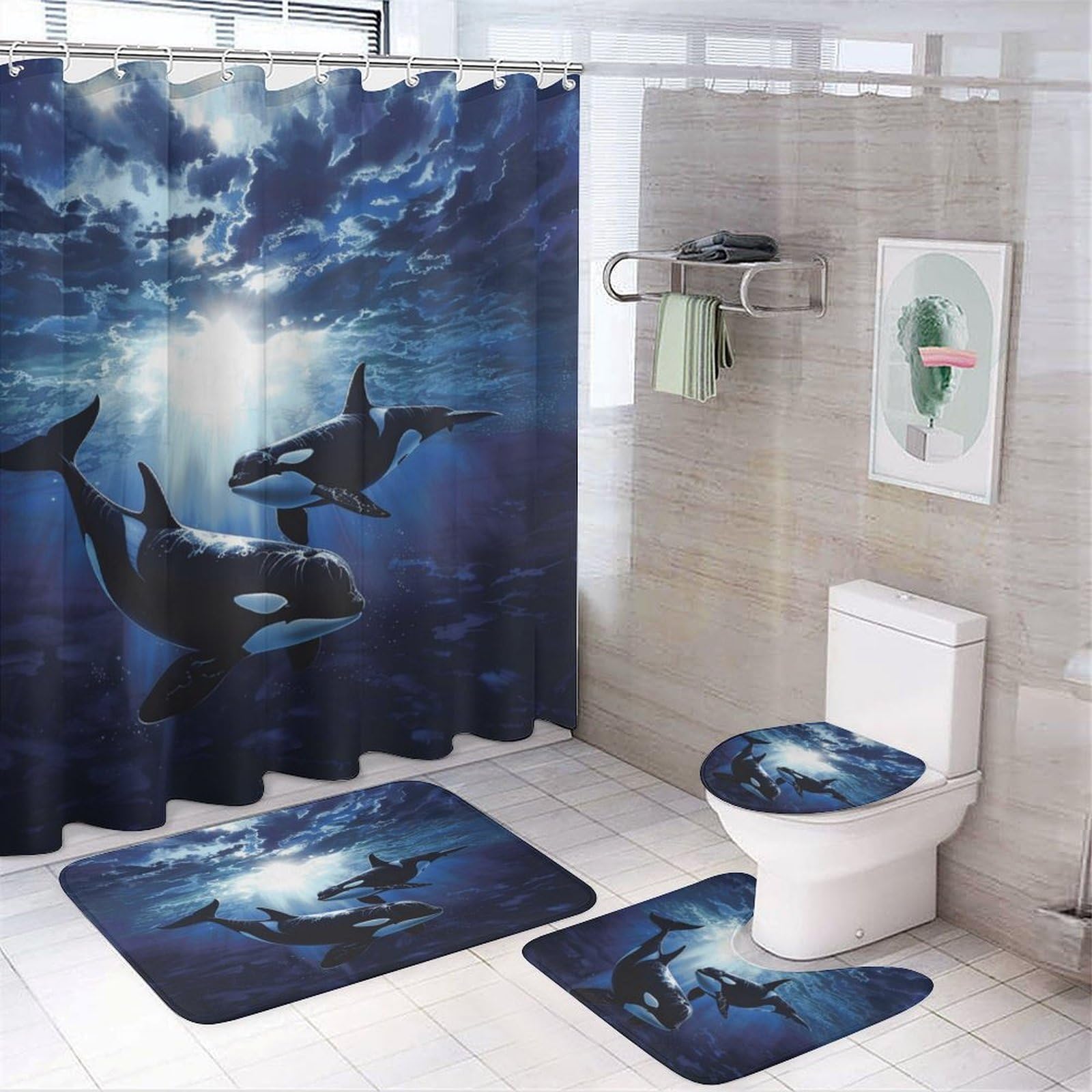 TOWINSFB 4Pcs Fantasy Orca Whale Shower Curtain, Funny Ocean Animal Sky Cloud Shower Curtain Sets with Toilet Lid Cover, U-Shaped Mat and Non-Slip