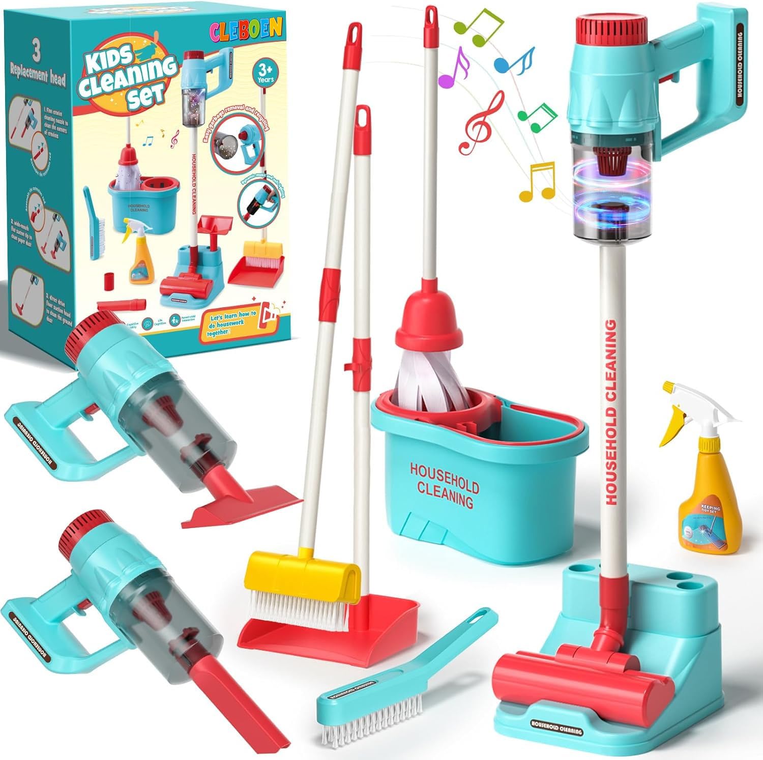 Kids Cleaning Toy Set for Toddlers with 3-in-1 Vacuum That Really Works, Mop & Broom Set & Pretend Play Household Cleaning Tools, Christmas Birthday Gift for Kids Toddlers Boys Girls Ages 3-5-8+