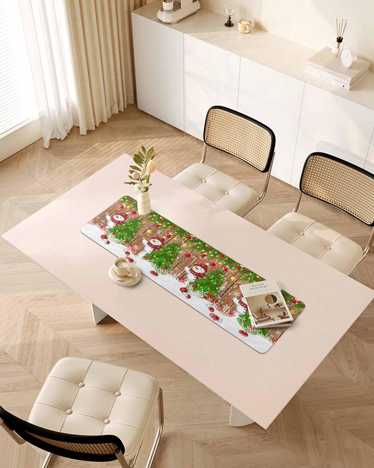 Debedcor Heat Proof Table Pads Waterproof Decorative, Wooden Christmas Snowman Non-Slip Table Countertop Protector, Xmas Tree Ball Pine Snowflake Insulation Mat for Kitchen Room, 40 x 12 Inches