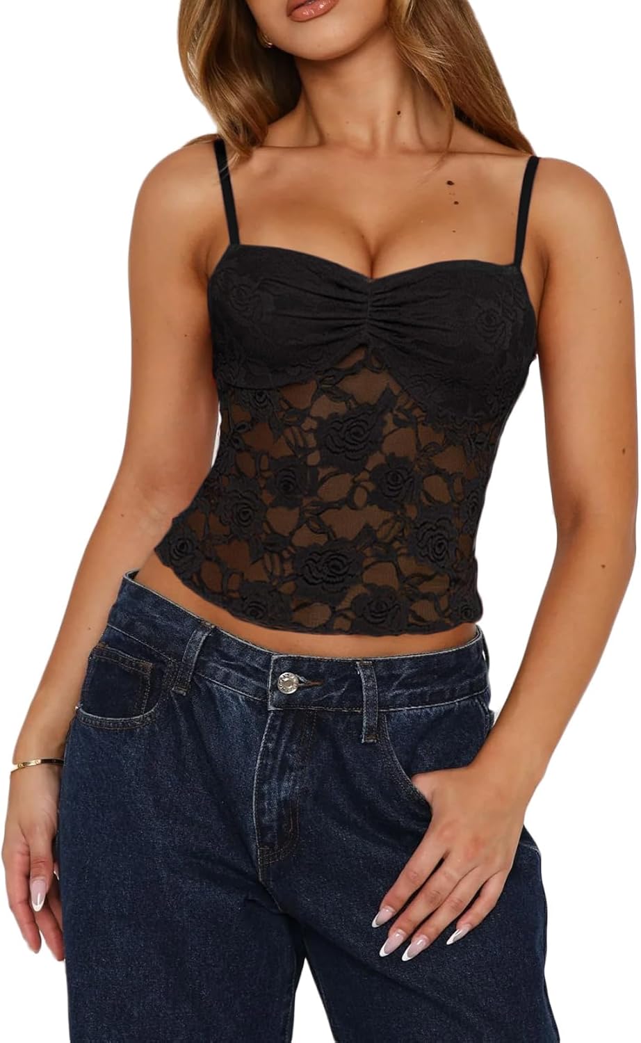 Women Lace Tank Top Mesh See Through Backless Cami Y2k Going Out Top - Image 2