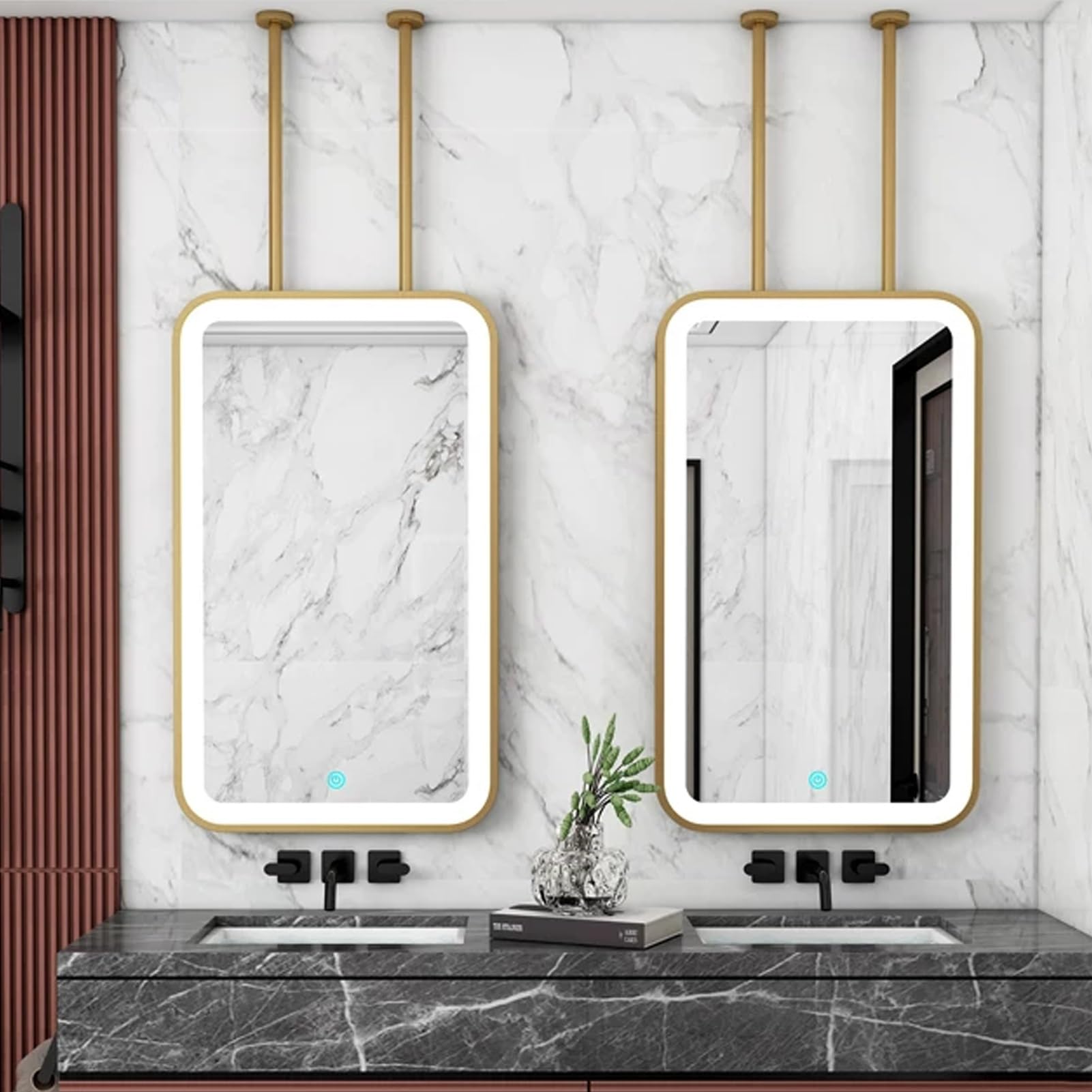 FGXHHS Gold Rectangle LED Mirror for Bathroom Vanity，Ceiling Hanging Rod Metal Frame Wall Mirrors，Floating Suspended Mirrors Home or Hotel Decorative(50cmx70cm)
