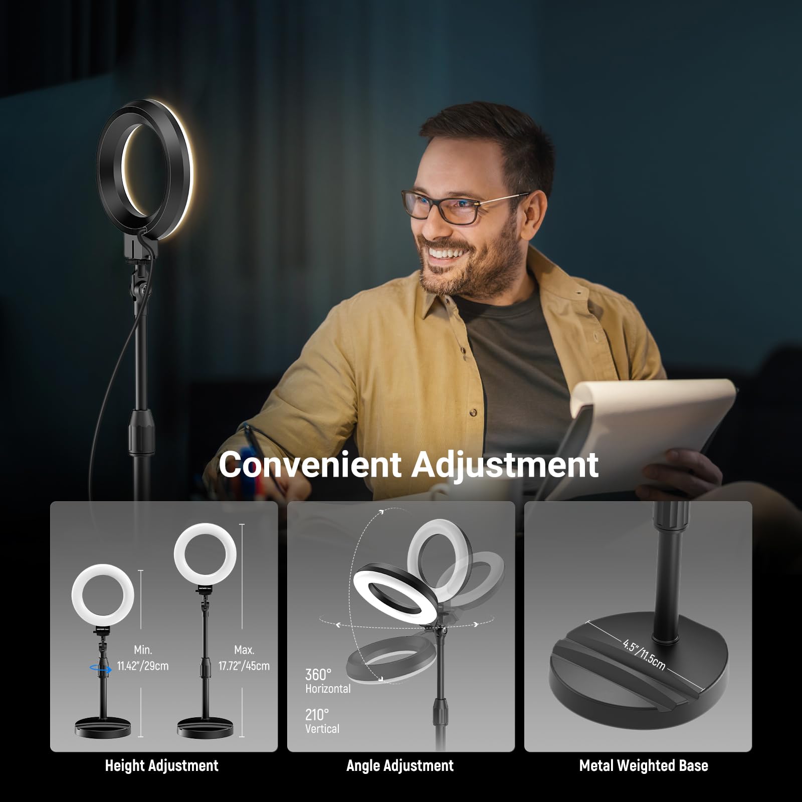 NEEWER BASICS 5" LED Ring Light da Tavolo con Supporto, Morsetto Monitor, 10W Luce Anello Compatibile con iPhone Computer Laptop Webcam Telefono per Selfie Trucco Video Zoom Videoconferenza, Nera BR60