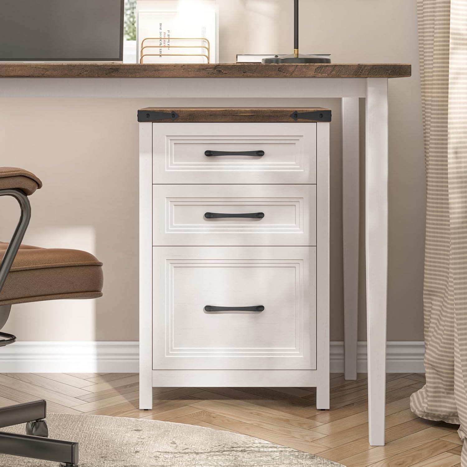 Vabches 3 Drawer Vertical File Cabinet, Wood Farmhouse Filing Cabinet Fits A4/Letter Size, Under Desk Small File Cabinets Printer Stand with Storage for Home Office, White and Brown