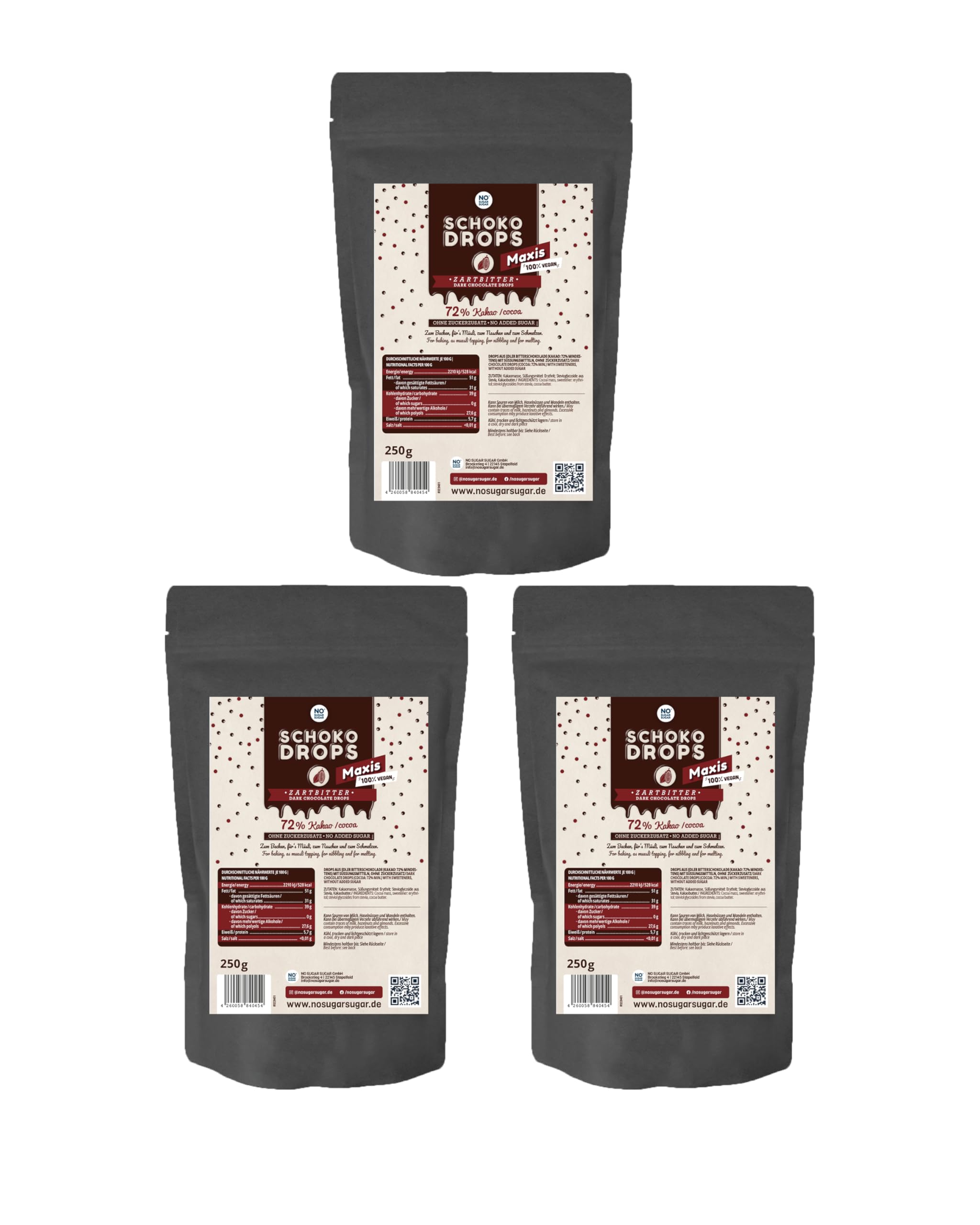 NO SUGAR SUGAR Vorteilspack 3x250g Schokodrops Zartbitter Schokolade mit 72% Kakao Anteil. Hergestellt ohne Zuckerzusatz, gesüßt mit Erythrit und Stevia