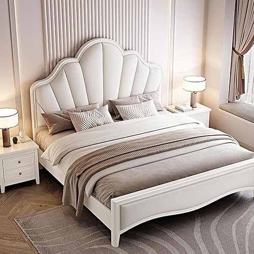 Luxury Modern Genuine Leather Bed Frame with Curved Upholstered Headboard,