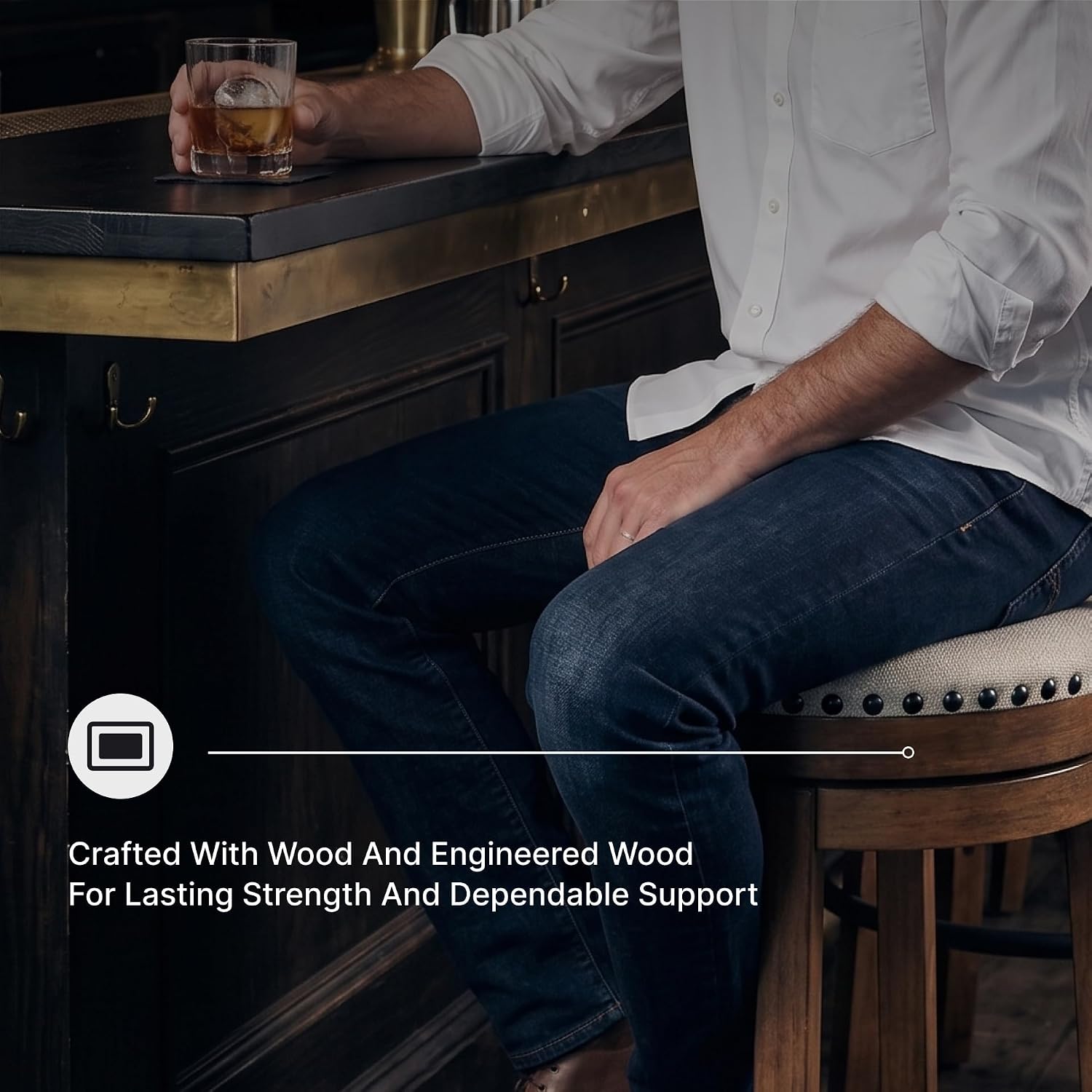  Valebeck Swivel Bar Stool with Back, 30 in | Wood & engineered wood, 360-degree swivel, Linen colored polyester, Rustic farmhouse style, 250 lb capacity thumbnail