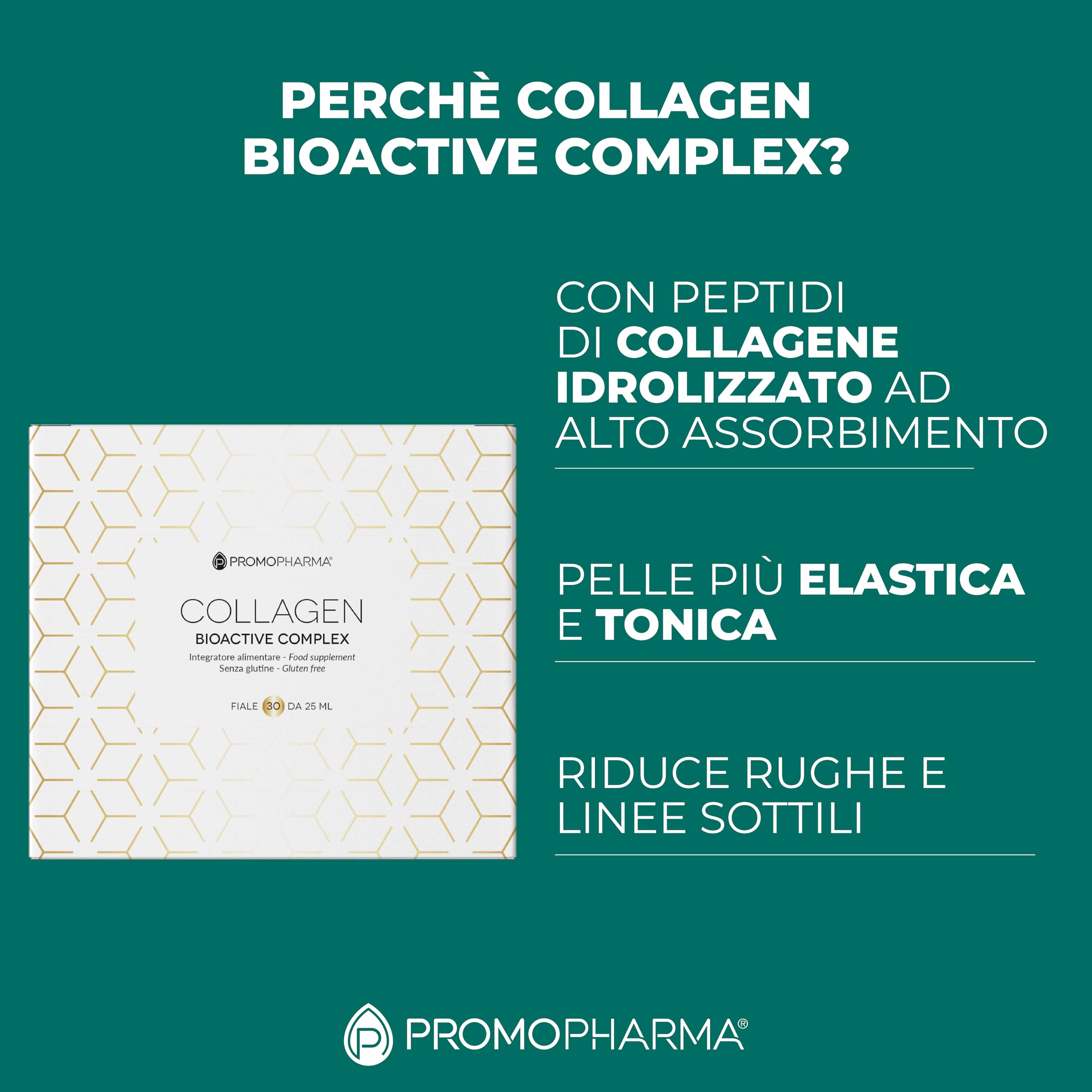 Collagen Bioactive Complex – Peptidi di Collagene Idrolizzato ad Alta Biodisponibilità con Vitamina C – Contribuisce a mantenere la pelle elastica – 30 fiale da 25 ml