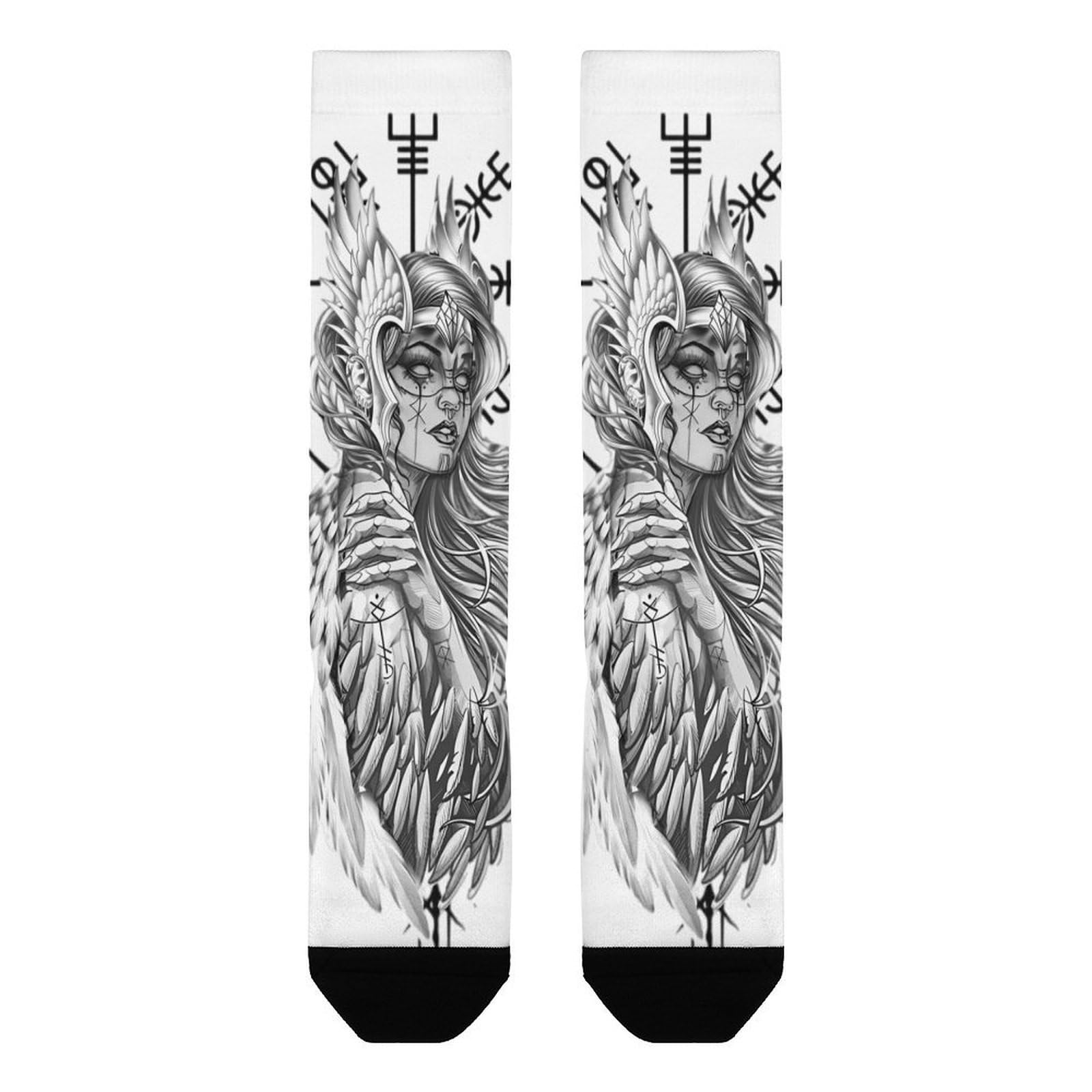 Calzini Tubolari Unisex, Stampa Nave Vichinga Valhalla e Vegvisi, Casual, Comodi e Traspiranti