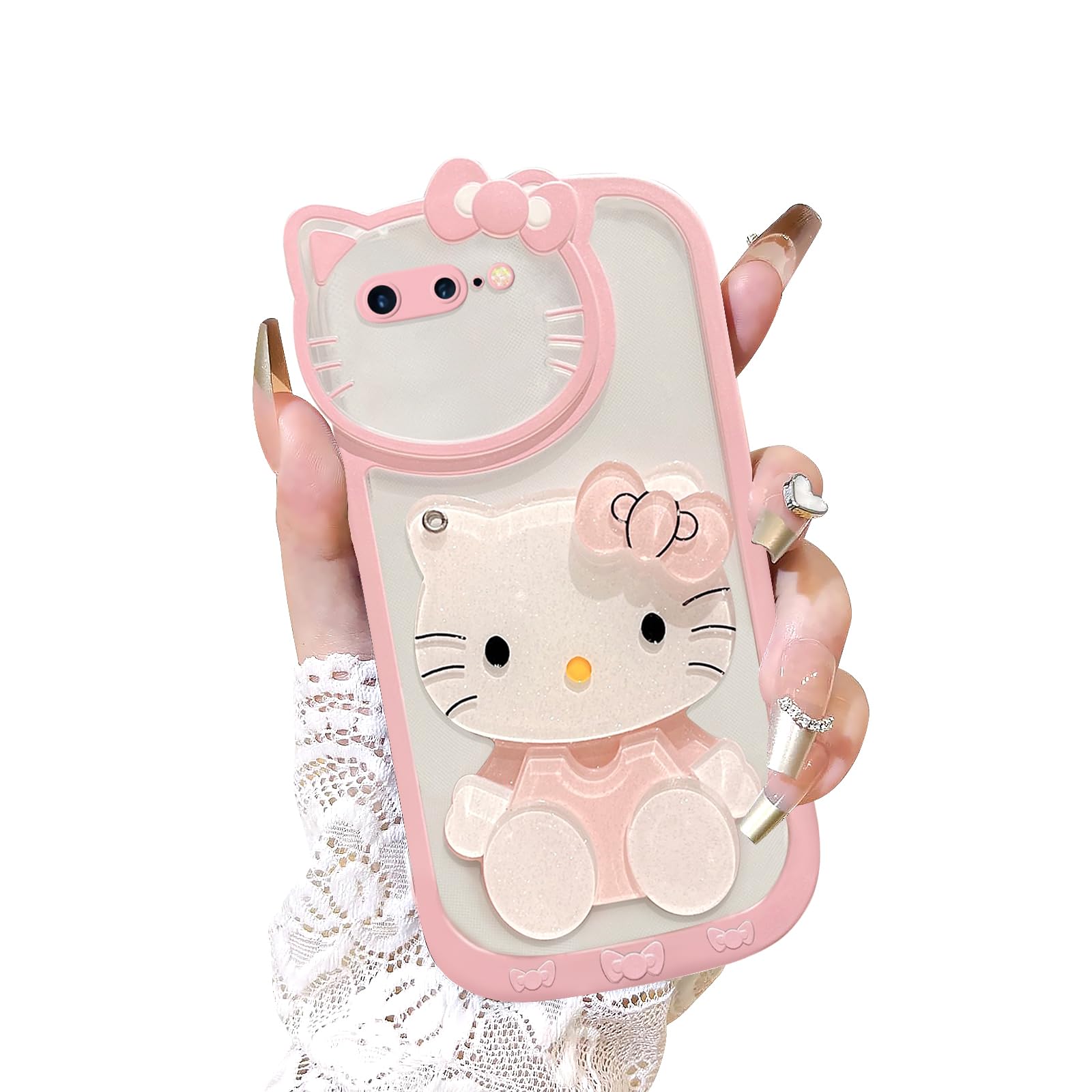 XXYUIKEZI for iPhone 7 8 SE2020 SE2022 Kawaii Cartoon Cute Pink Phone Case，Built-in Makeup Mirror for Women Girls, Soft Transparent Protective Pink