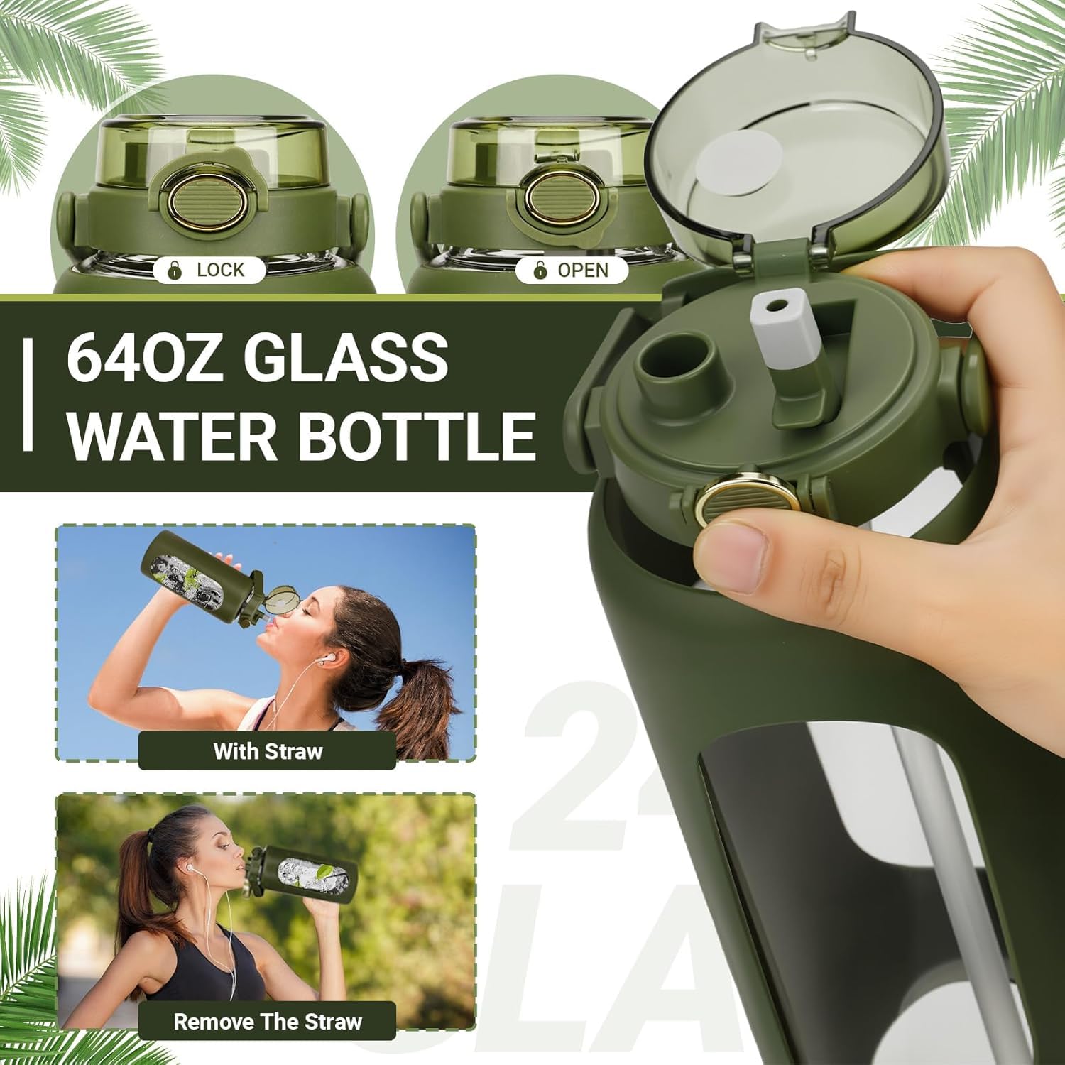 Szklana butelka na wodę o pojemności 1800 ml ze słomką i uchwytem, ​​bez BPA, szczelna, sportowa szklana butelka na wodę do fitnessu, wędrówek, kempingu, szkoły i biura