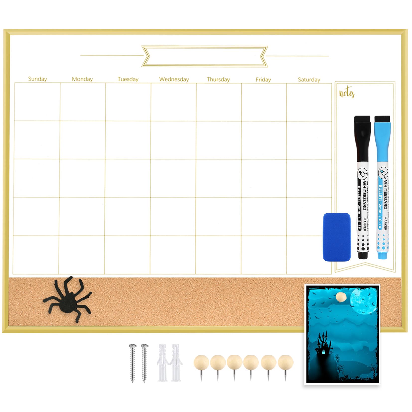 Whiteboard Calendar & Corkboard, 18" x 24" Dry Erase White Board & Bulletin Board, Gold Aluminum Frame Calendar/Cork Combo Board(ZHYL-Gold-4560-B+1)