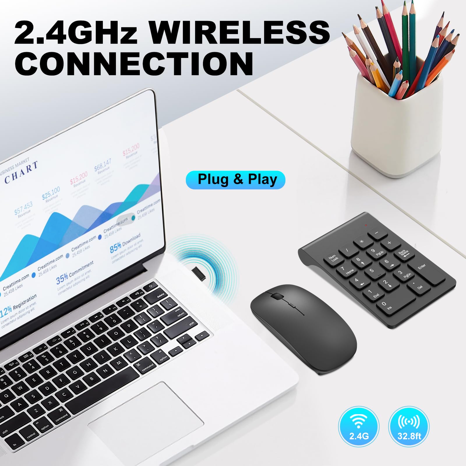TRELC Teclado numérico inalámbrico, Mini 2.4G, 18 Teclas, Teclado numérico portátil silencioso de Contabilidad financiera, Extensiones de Teclado numérico con Mouse inalámbrico para Laptop, PC