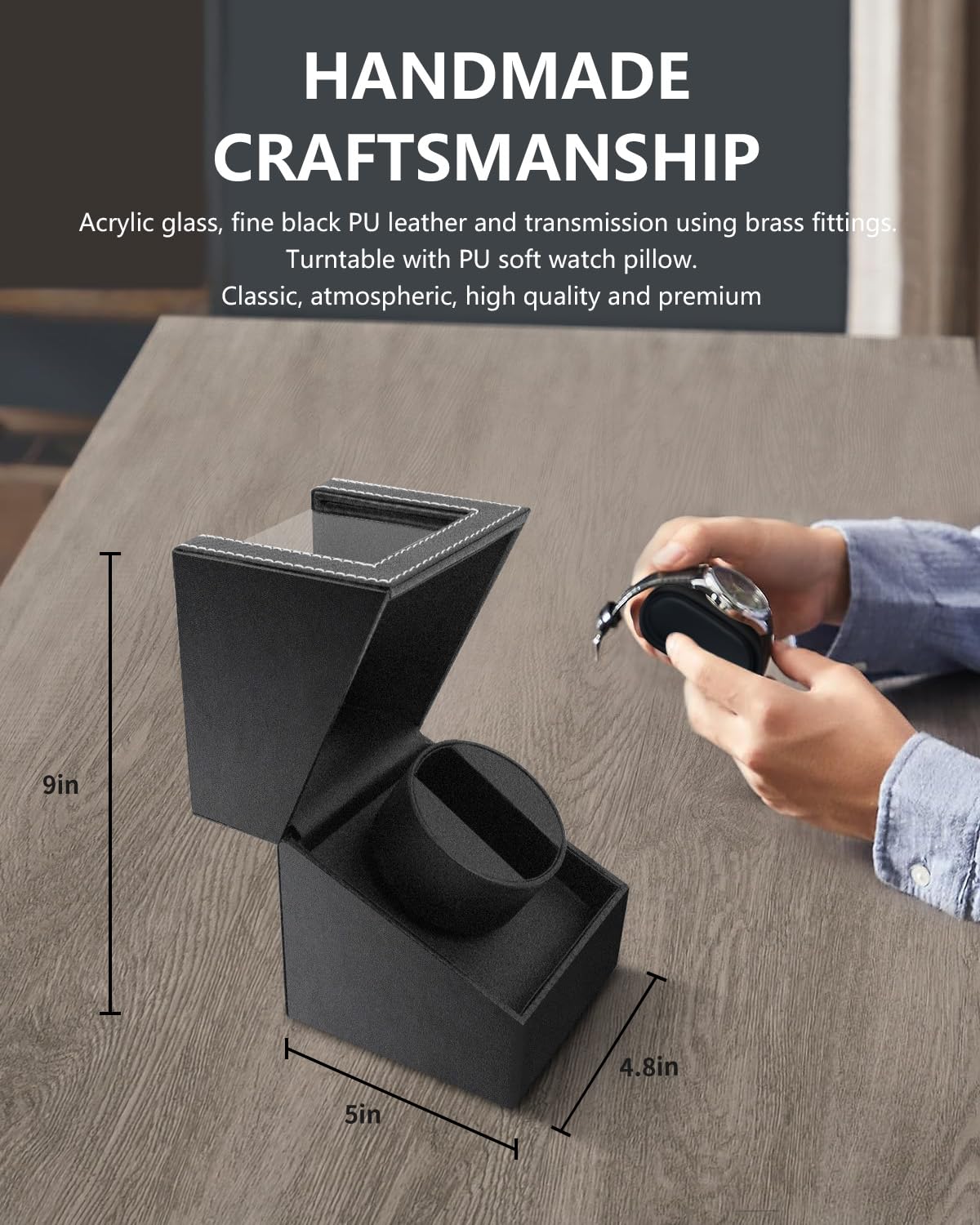 UnaMela Enrollador de relojes automáticos: caja automática de un solo reloj, caja giratoria de piel sintética negra, rotador de reloj con motor silencioso japonés, funciona con pilas o adaptador de